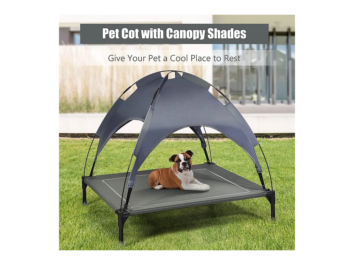 Hondenbed met luifel, hondenligstoel tuin, hondensofa slaapplaats buiten, huisdierenbed hond, kattenligstoel, kattenbed, 90 x 81 x 86 cm BE9575