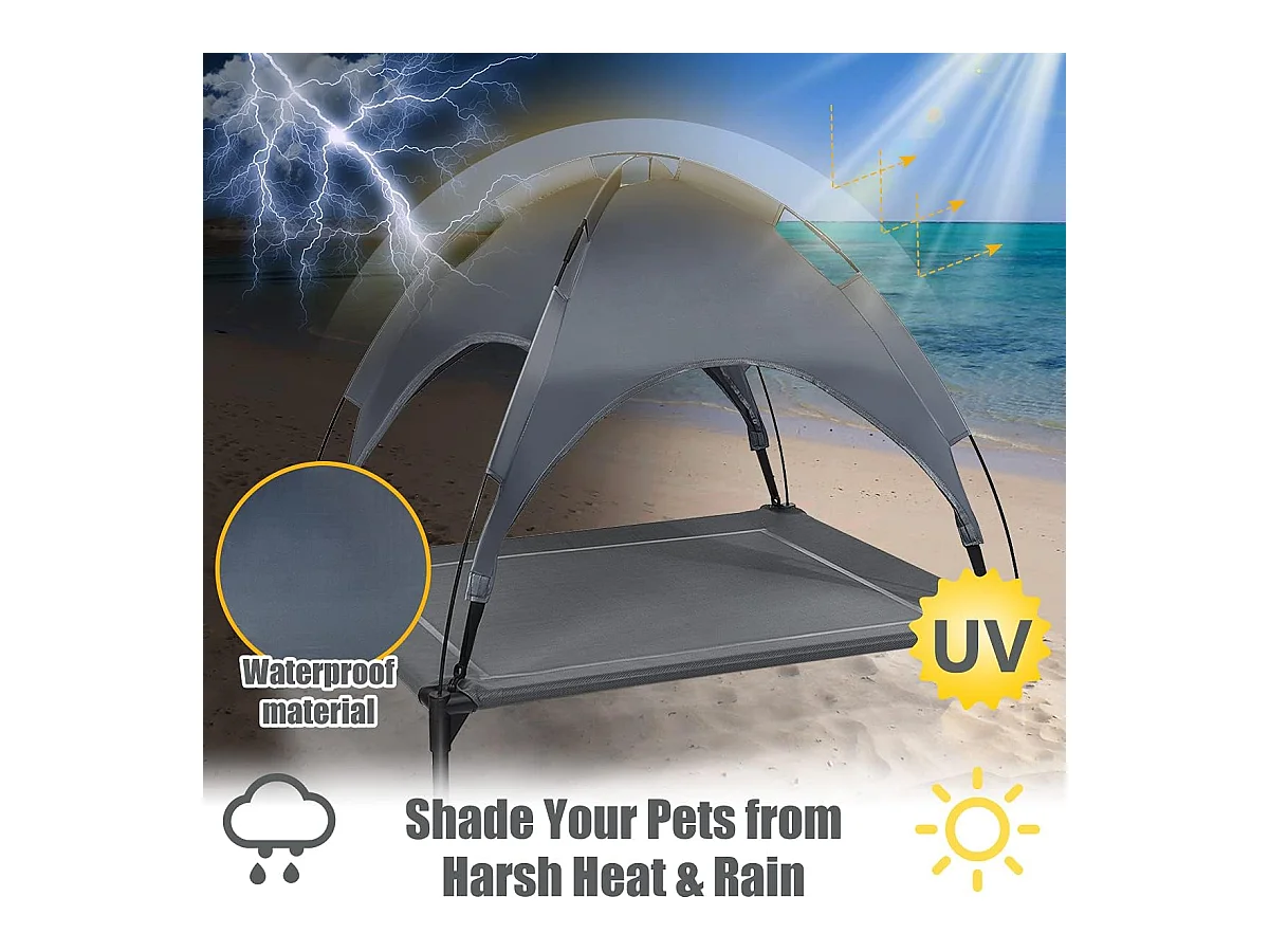 Hondenbed met luifel, hondenligstoel tuin, hondensofa slaapplaats buiten, huisdierenbed hond, kattenligstoel, kattenbed, 90 x 81 x 86 cm BE9575