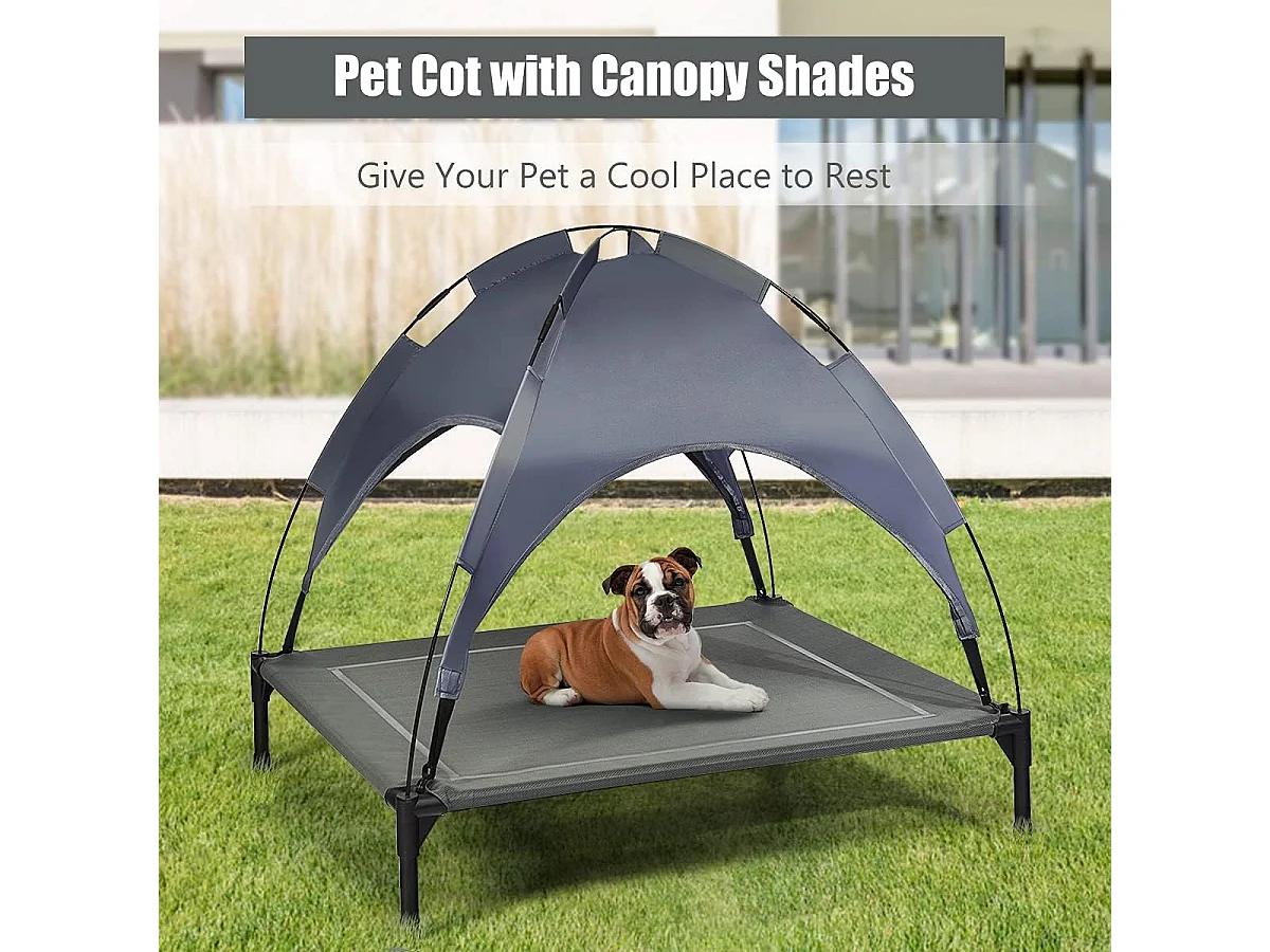 Hondenbed met luifel, hondenligstoel tuin, hondensofa slaapplaats buiten, huisdierenbed hond, kattenligstoel, kattenbed, 90 x 81 x 86 cm BE9575