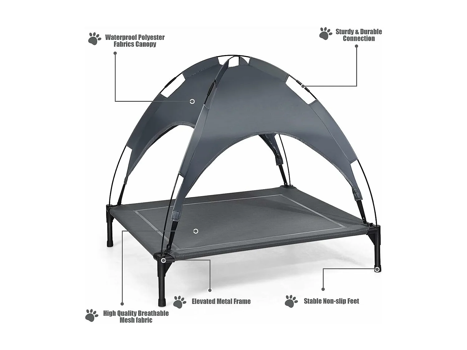 Hondenbed met luifel, hondenligstoel tuin, hondensofa slaapplaats buiten, huisdierenbed hond, kattenligstoel, kattenbed, 90 x 81 x 86 cm BE9575