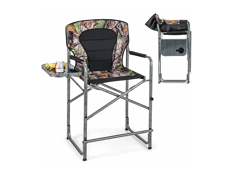 Opvouwbare campingstoel, hoge klapstoel met zijtafel, afneembare voetensteun, regisseursstoel, visstoel voor jacht, vissen, kamperen, draagvermogen 150 kg
