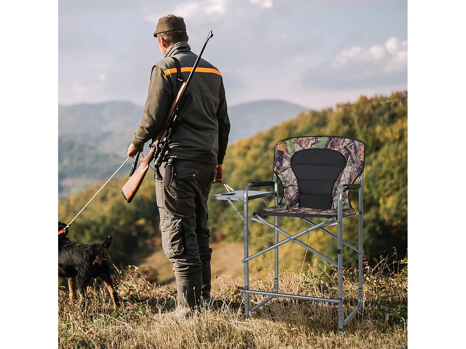 Opvouwbare campingstoel, hoge klapstoel met zijtafel, afneembare voetensteun, regisseursstoel, visstoel voor jacht, vissen, kamperen, draagvermogen 150 kg