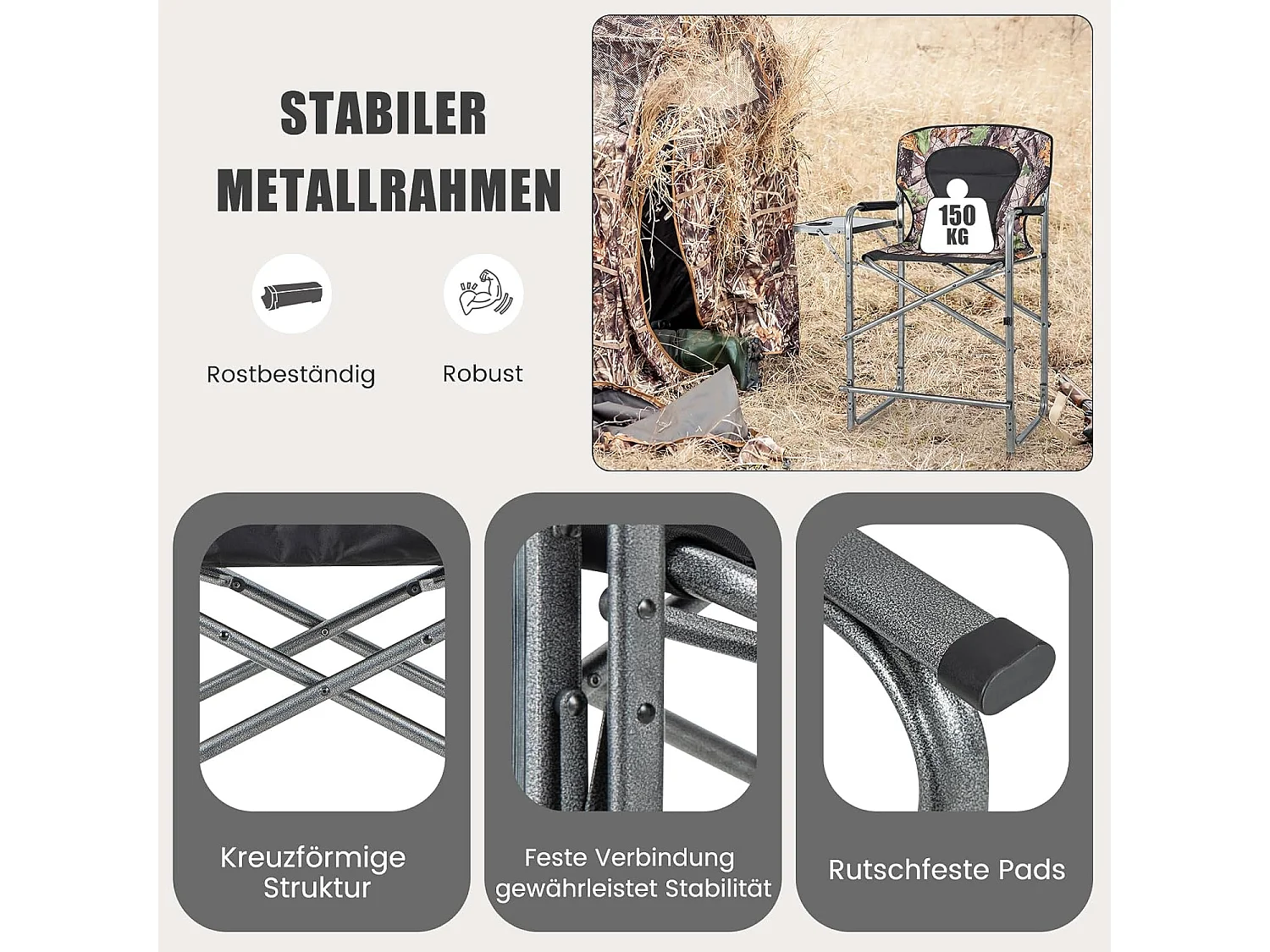 Opvouwbare campingstoel, hoge klapstoel met zijtafel, afneembare voetensteun, regisseursstoel, visstoel voor jacht, vissen, kamperen, draagvermogen 150 kg