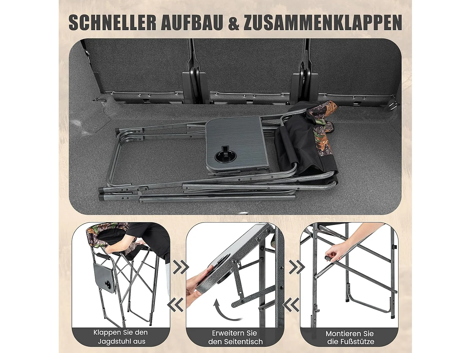 Opvouwbare campingstoel, hoge klapstoel met zijtafel, afneembare voetensteun, regisseursstoel, visstoel voor jacht, vissen, kamperen, draagvermogen 150 kg