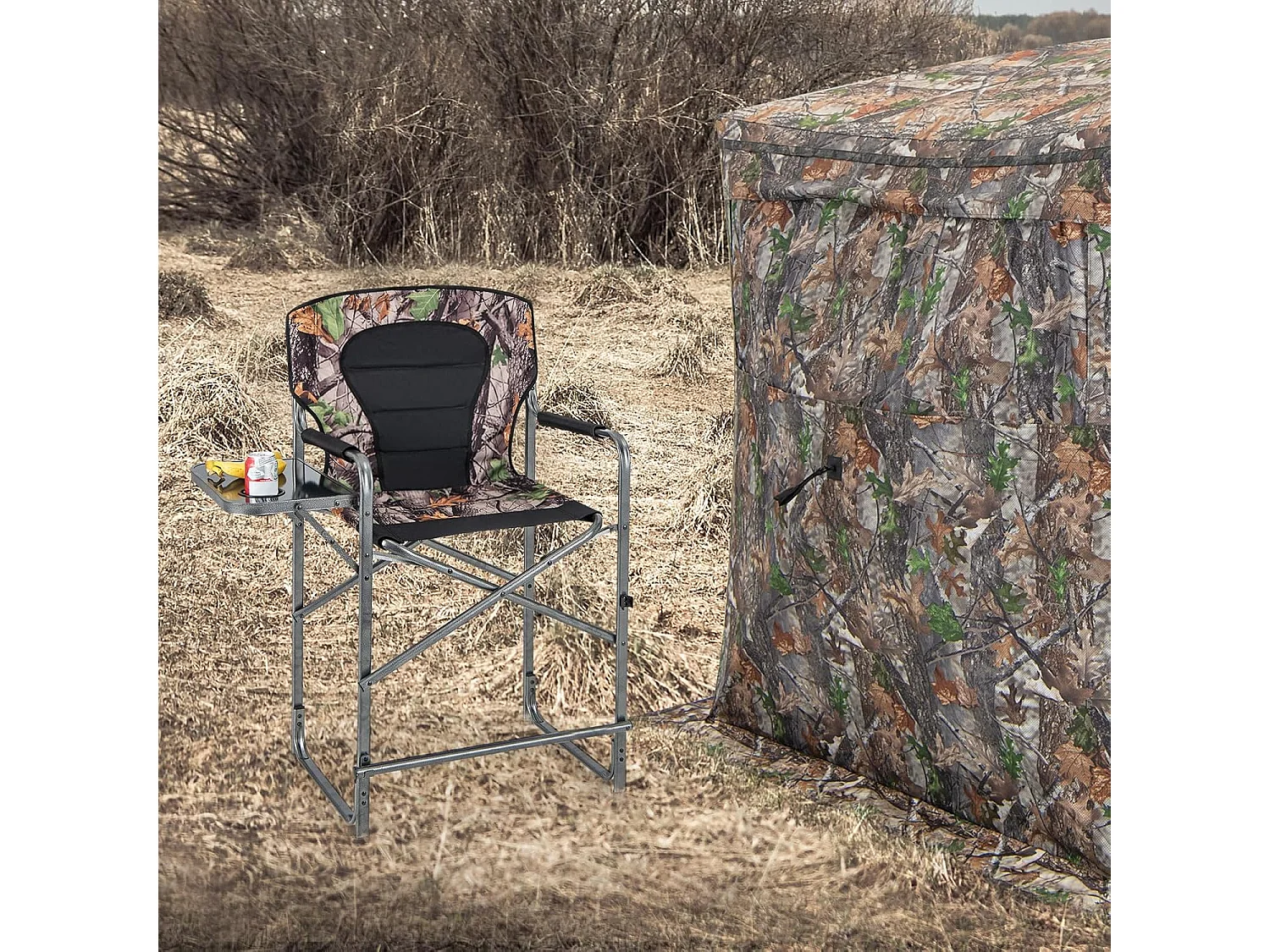 Opvouwbare campingstoel, hoge klapstoel met zijtafel, afneembare voetensteun, regisseursstoel, visstoel voor jacht, vissen, kamperen, draagvermogen 150 kg