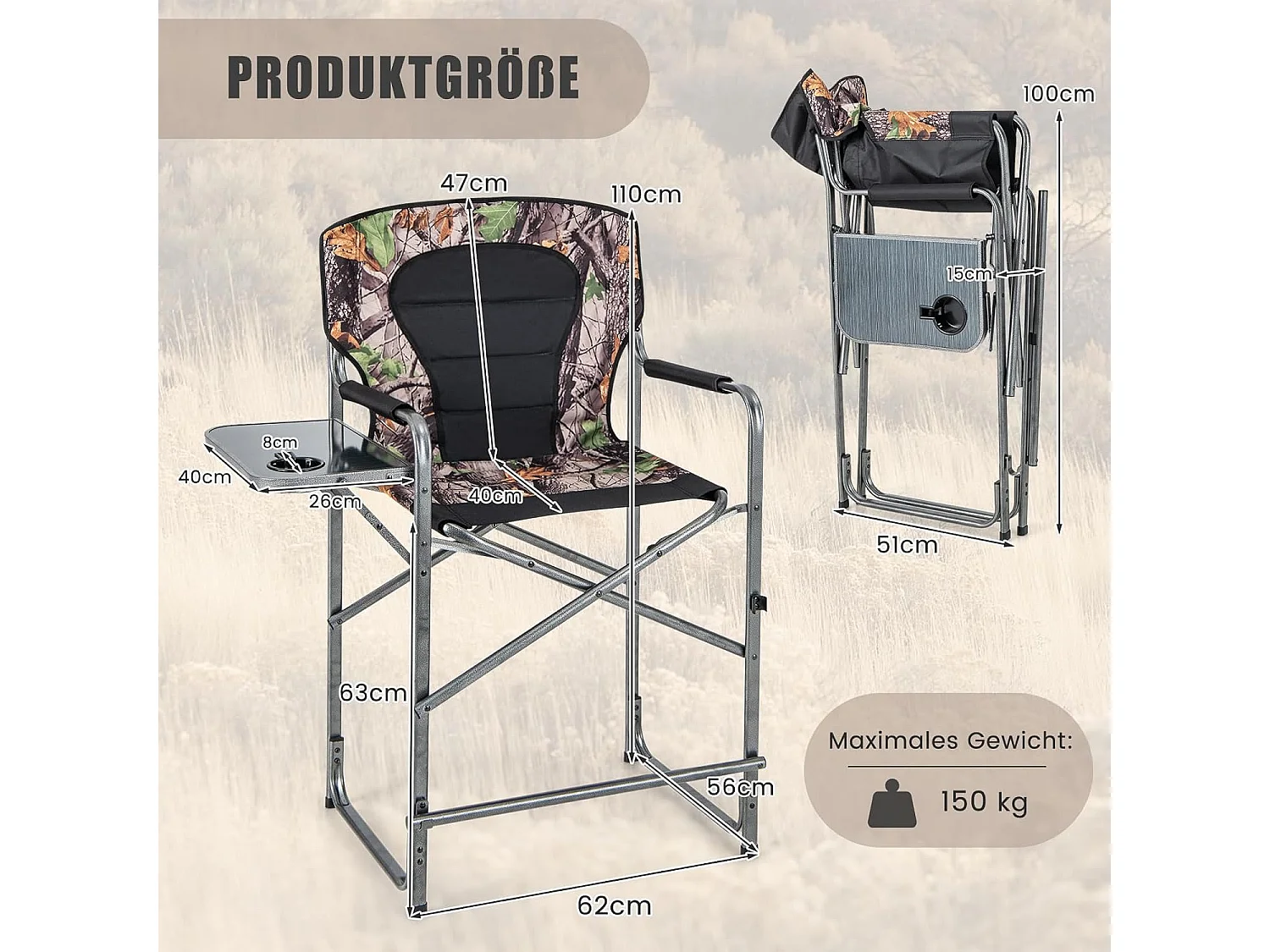 Opvouwbare campingstoel, hoge klapstoel met zijtafel, afneembare voetensteun, regisseursstoel, visstoel voor jacht, vissen, kamperen, draagvermogen 150 kg