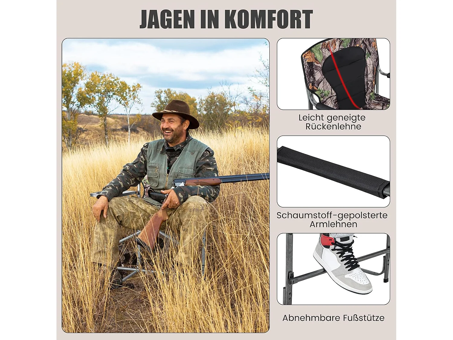 Opvouwbare campingstoel, hoge klapstoel met zijtafel, afneembare voetensteun, regisseursstoel, visstoel voor jacht, vissen, kamperen, draagvermogen 150 kg