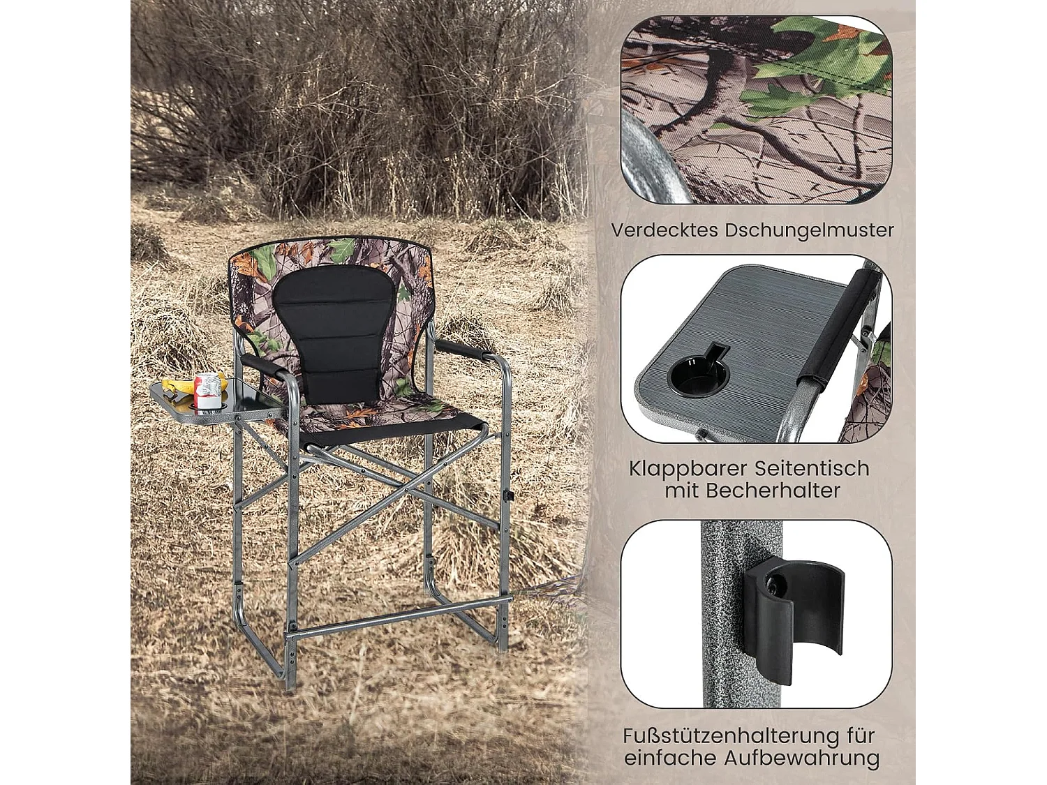 Opvouwbare campingstoel, hoge klapstoel met zijtafel, afneembare voetensteun, regisseursstoel, visstoel voor jacht, vissen, kamperen, draagvermogen 150 kg