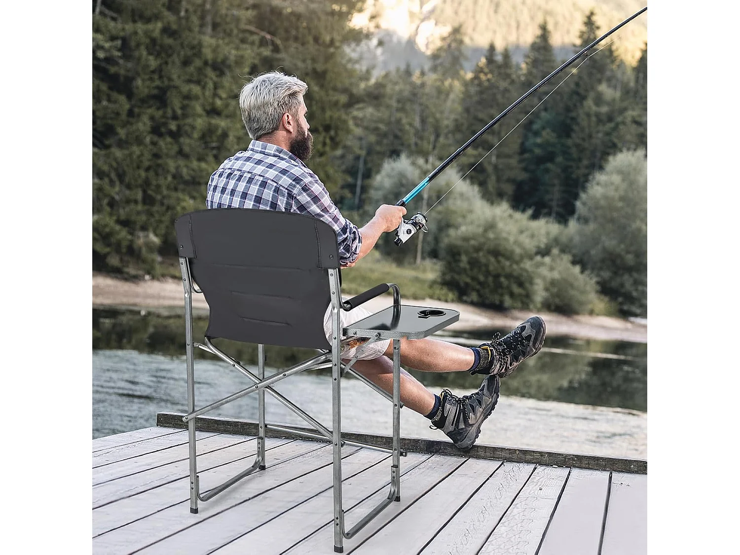 Opvouwbare campingstoel, hoge klapstoel met zijtafel, afneembare voetensteun, regisseursstoel, visstoel voor jacht, vissen, kamperen, draagvermogen 150 kg