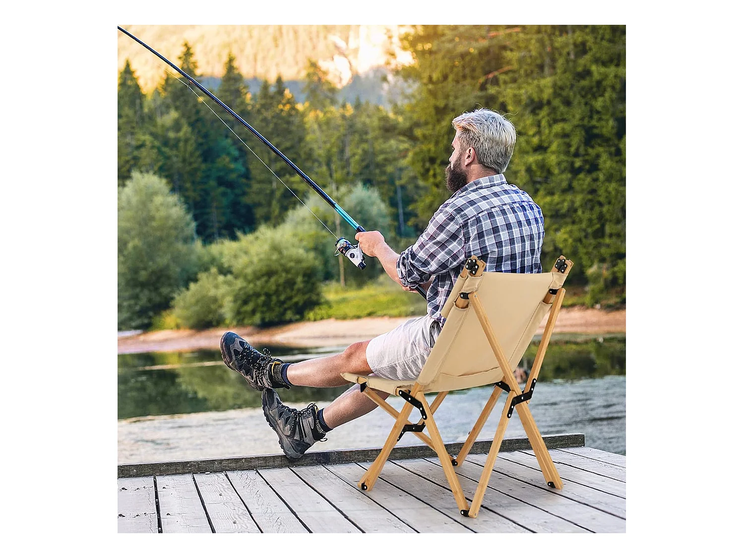 Campingstoel met 2-traps draagbare vouwstoel van bamboe, inclusief draagtas, ultralichte klapstoel, ligstoel, strandstoel voor camping ZB33943