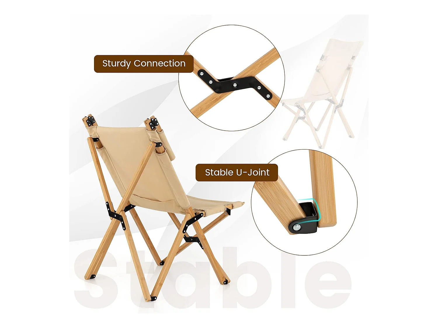Campingstoel met 2-traps draagbare vouwstoel van bamboe, inclusief draagtas, ultralichte klapstoel, ligstoel, strandstoel voor camping ZB33943