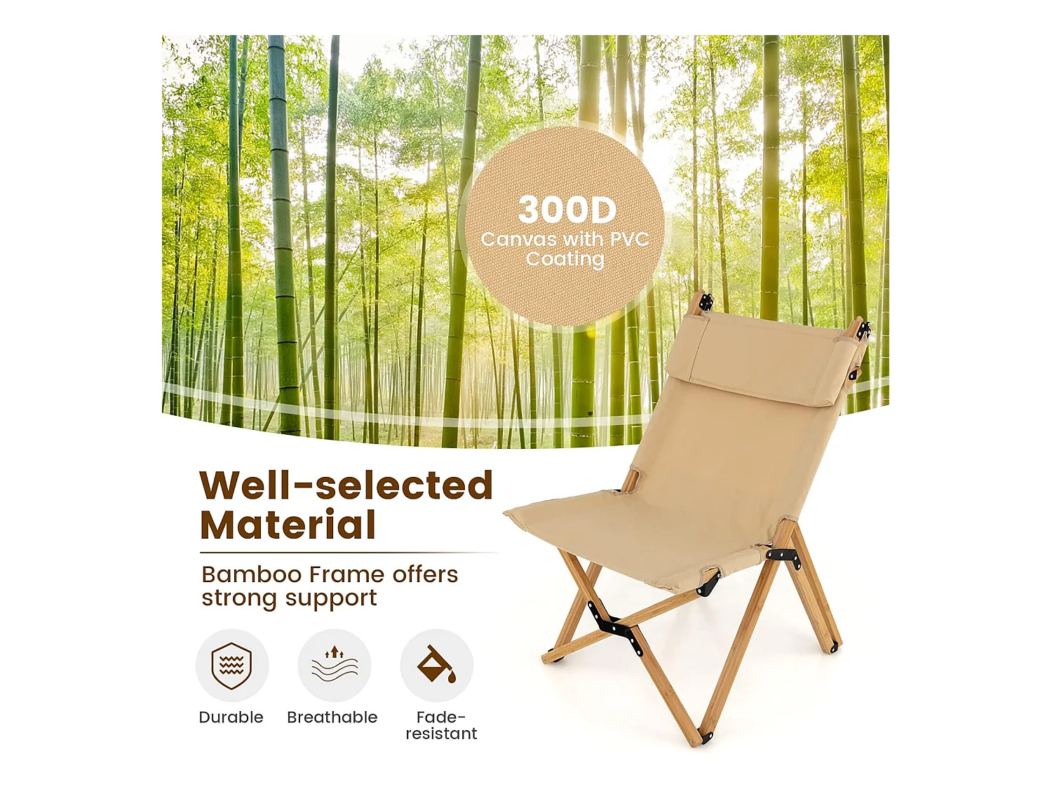 Campingstoel met 2-traps draagbare vouwstoel van bamboe, inclusief draagtas, ultralichte klapstoel, ligstoel, strandstoel voor camping ZB33943