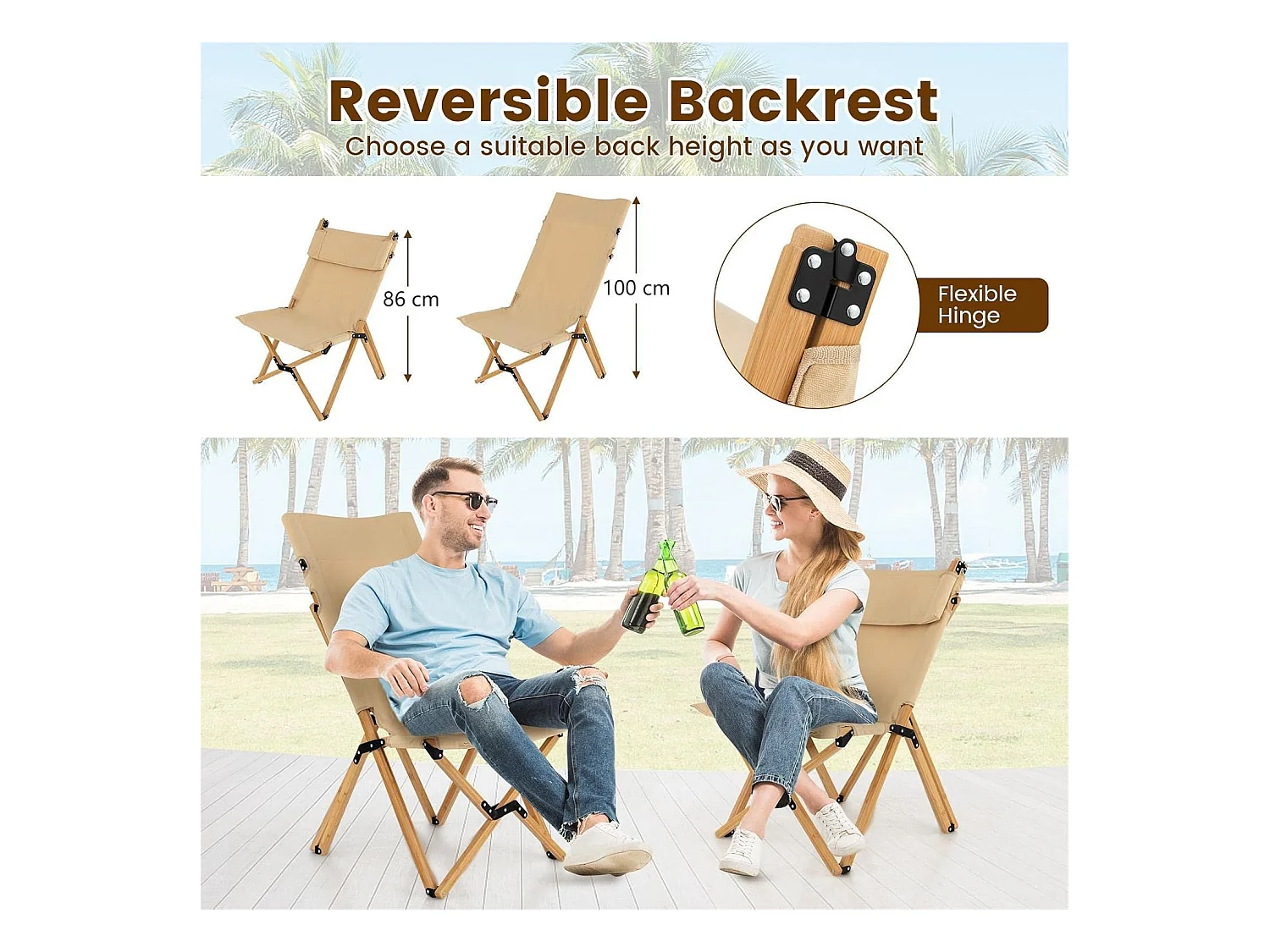 Campingstoel met 2-traps draagbare vouwstoel van bamboe, inclusief draagtas, ultralichte klapstoel, ligstoel, strandstoel voor camping ZB33943