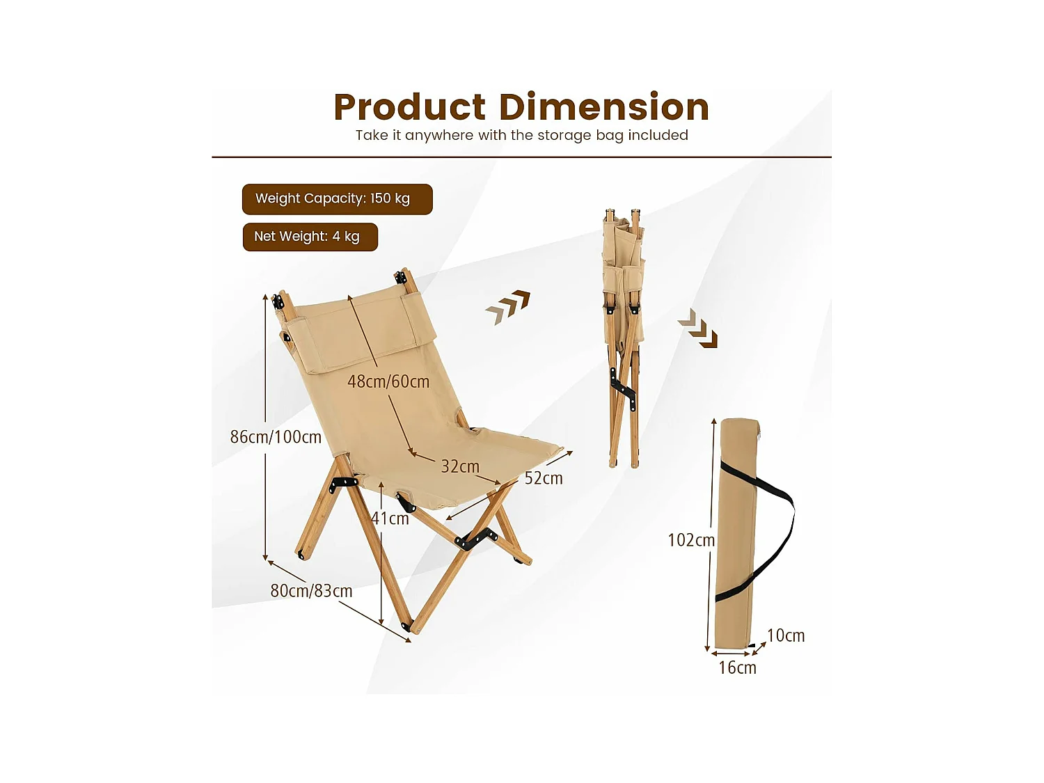 Campingstoel met 2-traps draagbare vouwstoel van bamboe, inclusief draagtas, ultralichte klapstoel, ligstoel, strandstoel voor camping ZB33943