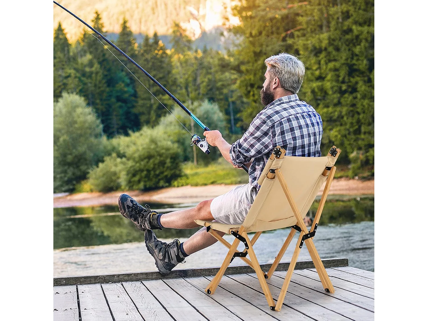 Campingstoel met 2-traps draagbare vouwstoel van bamboe, inclusief draagtas, ultralichte klapstoel, ligstoel, strandstoel voor camping ZB33943