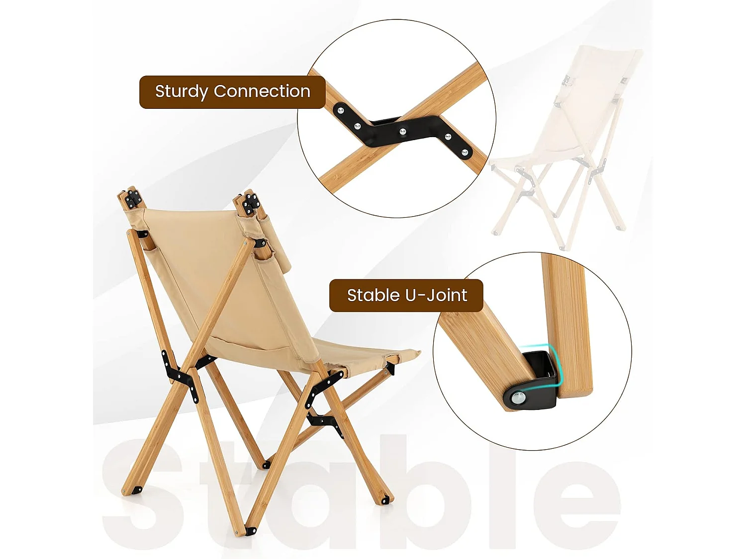 Campingstoel met 2-traps draagbare vouwstoel van bamboe, inclusief draagtas, ultralichte klapstoel, ligstoel, strandstoel voor camping ZB33943