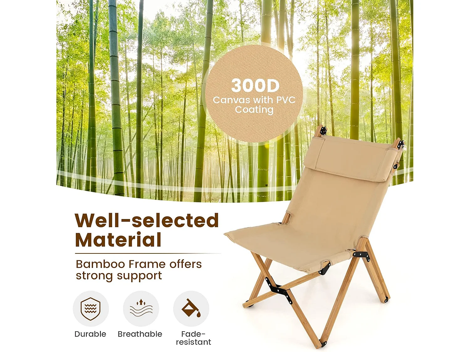 Campingstoel met 2-traps draagbare vouwstoel van bamboe, inclusief draagtas, ultralichte klapstoel, ligstoel, strandstoel voor camping ZB33943