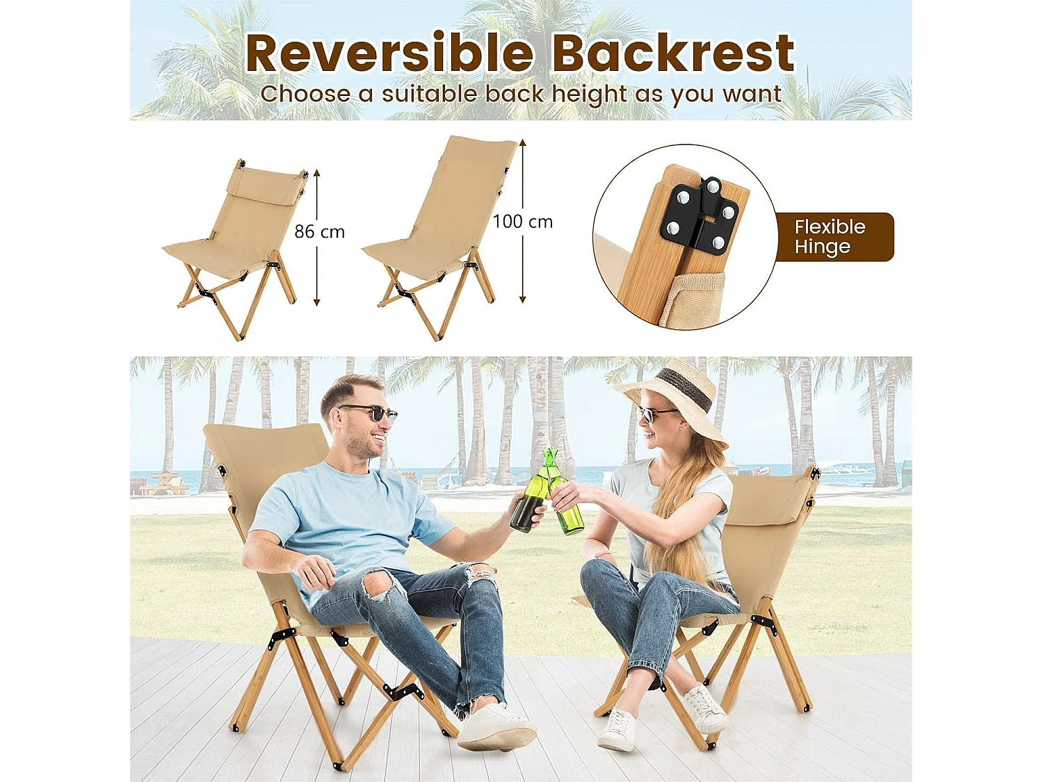 Campingstoel met 2-traps draagbare vouwstoel van bamboe, inclusief draagtas, ultralichte klapstoel, ligstoel, strandstoel voor camping ZB33943