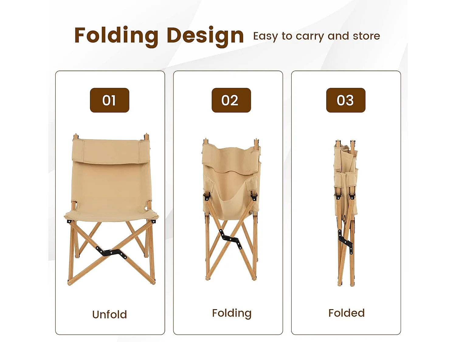 Campingstoel met 2-traps draagbare vouwstoel van bamboe, inclusief draagtas, ultralichte klapstoel, ligstoel, strandstoel voor camping ZB33943