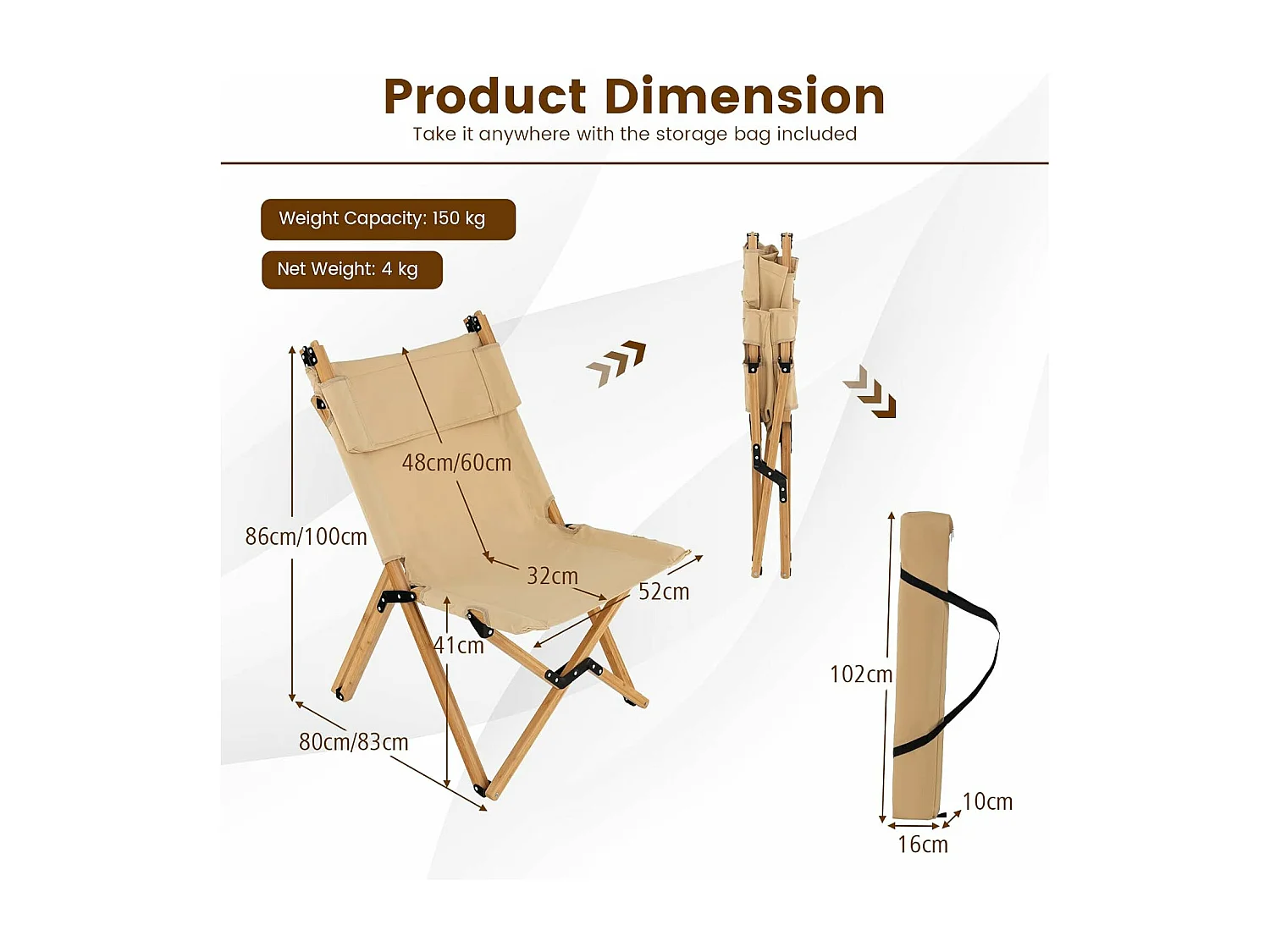Campingstoel met 2-traps draagbare vouwstoel van bamboe, inclusief draagtas, ultralichte klapstoel, ligstoel, strandstoel voor camping ZB33943