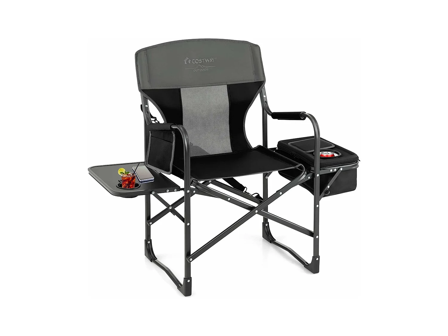 Campingstoel met zijtafel, koeltas en opbergtas, inklapbare visstoel, regisseursstoel, draagbaar, vouwstoel, klapstoel voor camping, vissen, picknick (zwart)ZB32088
