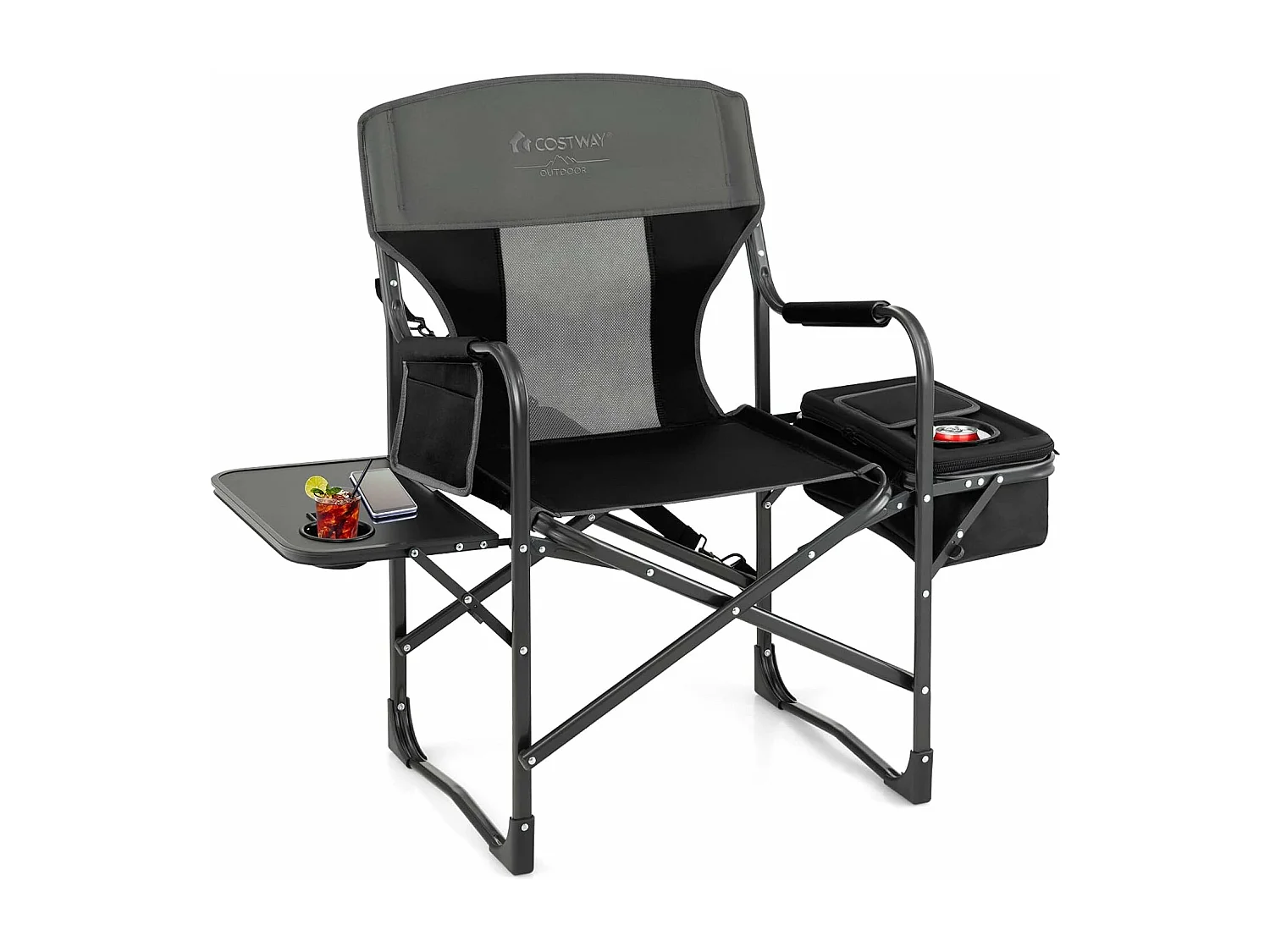 Campingstoel met zijtafel, koeltas en opbergtas, inklapbare visstoel, regisseursstoel, draagbaar, vouwstoel, klapstoel voor camping, vissen, picknick (zwart)ZB32088