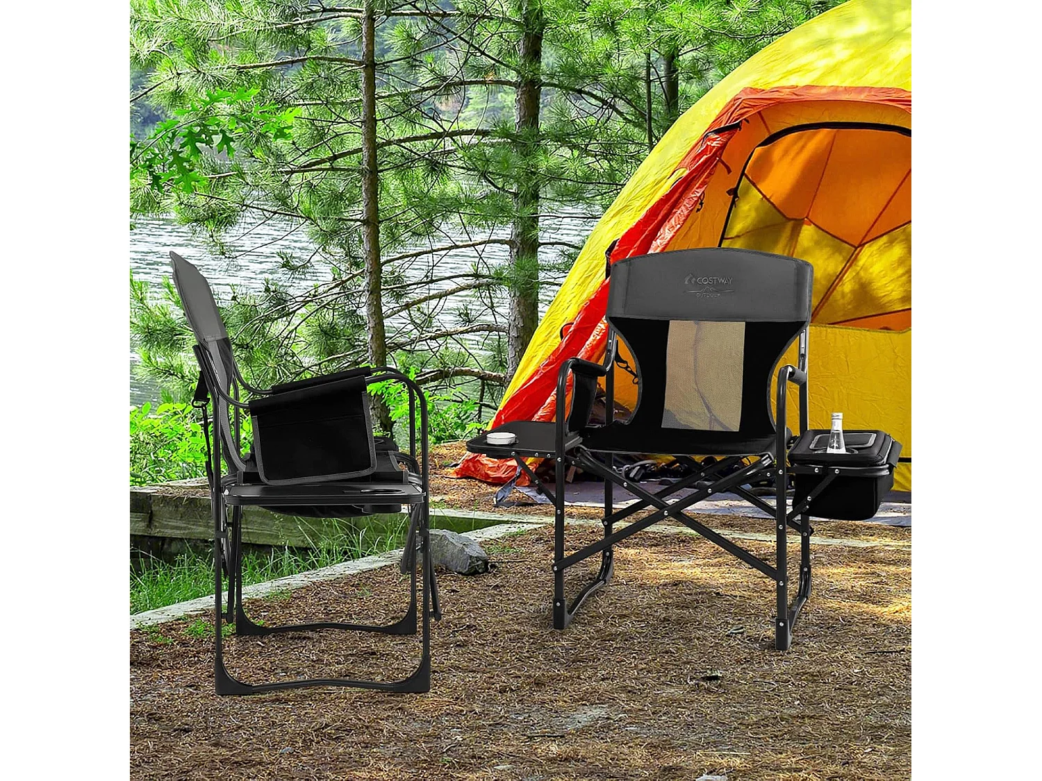 Campingstoel met zijtafel, koeltas en opbergtas, inklapbare visstoel, regisseursstoel, draagbaar, vouwstoel, klapstoel voor camping, vissen, picknick (zwart)ZB32088