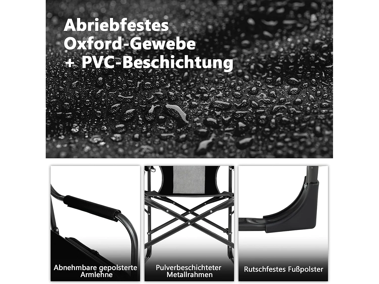 Campingstoel met zijtafel, koeltas en opbergtas, inklapbare visstoel, regisseursstoel, draagbaar, vouwstoel, klapstoel voor camping, vissen, picknick (zwart)ZB32088