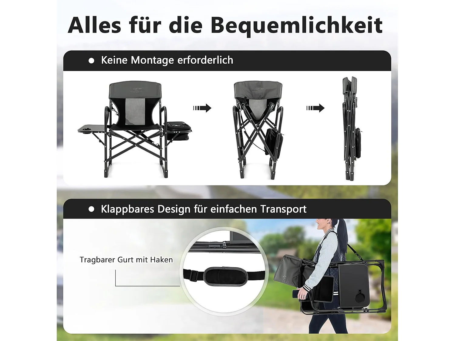 Campingstoel met zijtafel, koeltas en opbergtas, inklapbare visstoel, regisseursstoel, draagbaar, vouwstoel, klapstoel voor camping, vissen, picknick (zwart)ZB32088