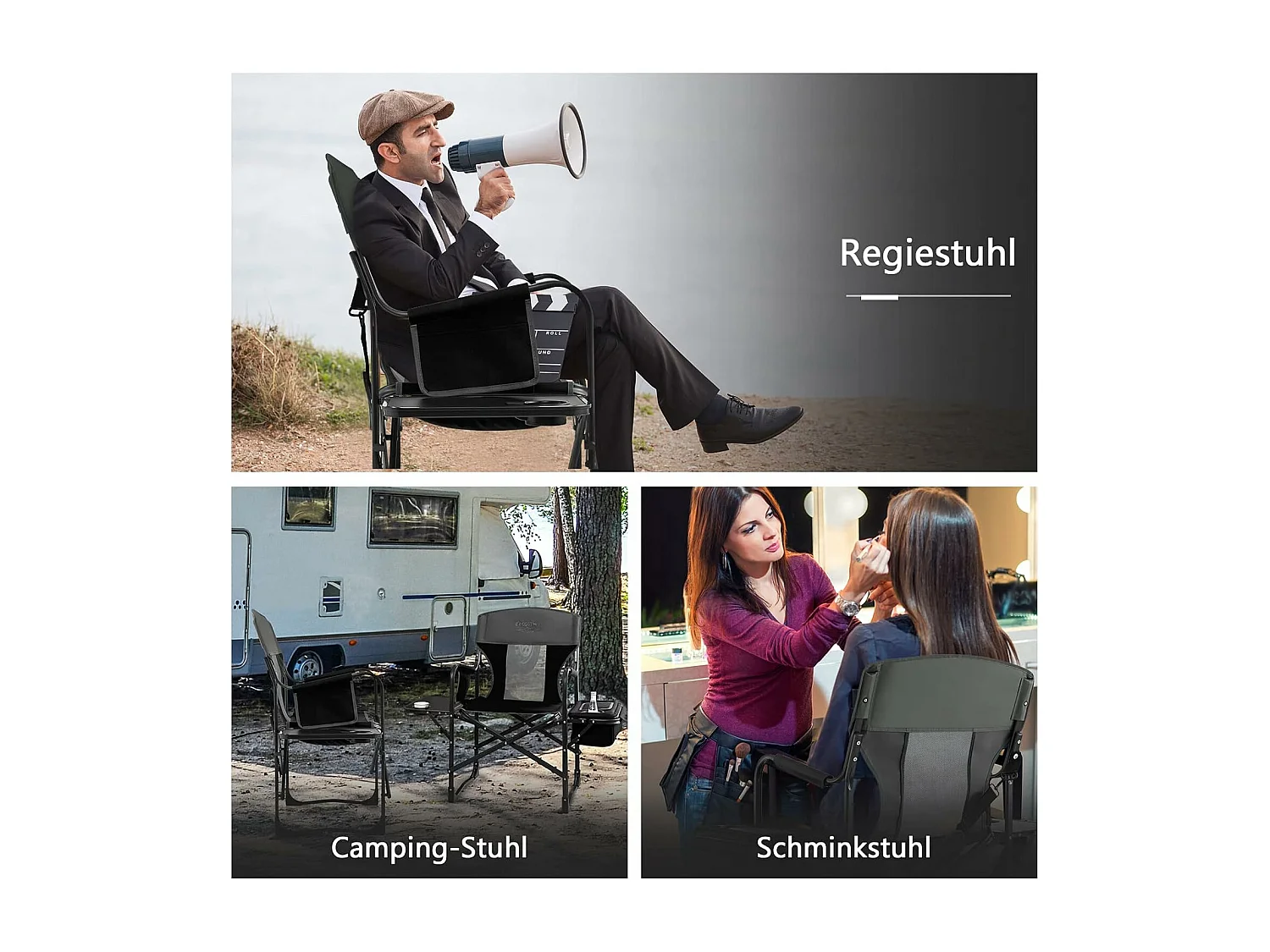 Campingstoel met zijtafel, koeltas en opbergtas, inklapbare visstoel, regisseursstoel, draagbaar, vouwstoel, klapstoel voor camping, vissen, picknick (zwart)ZB32088