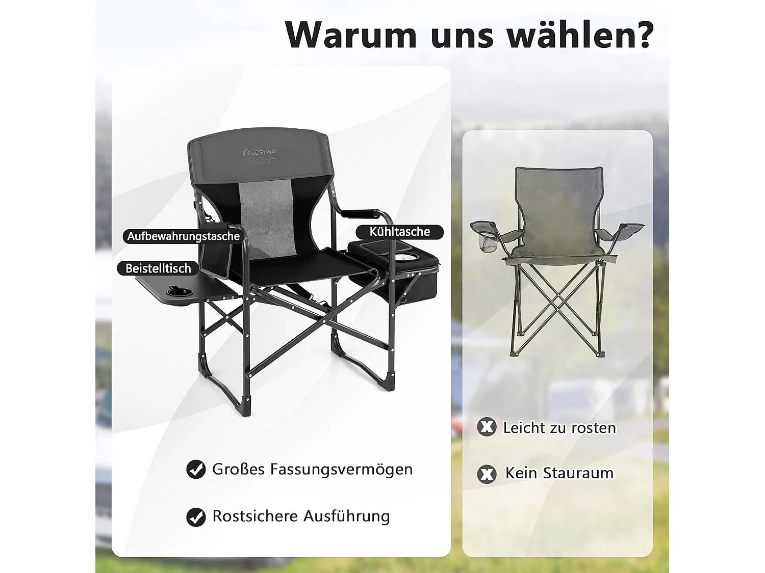 Campingstoel met zijtafel, koeltas en opbergtas, inklapbare visstoel, regisseursstoel, draagbaar, vouwstoel, klapstoel voor camping, vissen, picknick (zwart)ZB32088