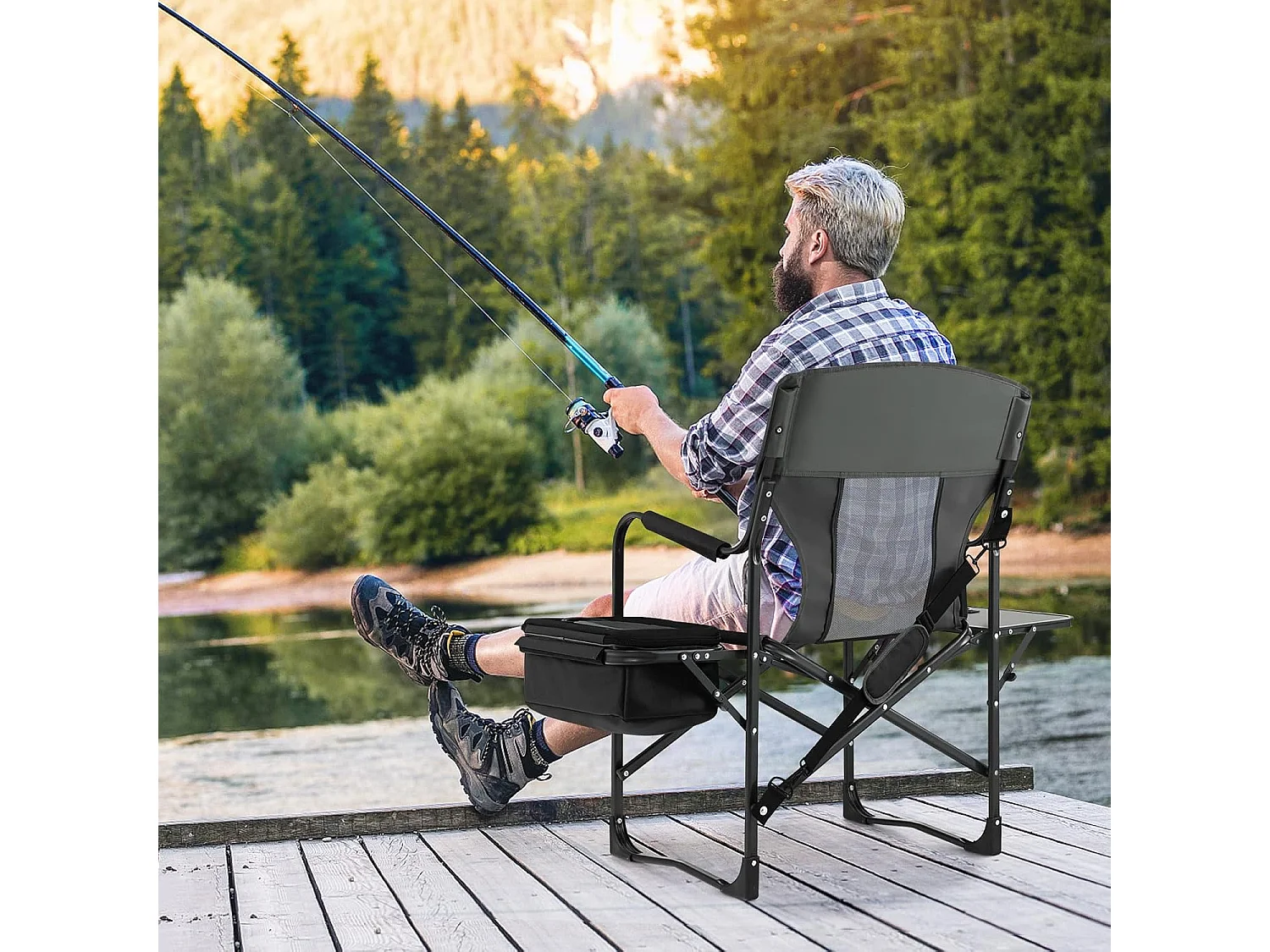 Campingstoel met zijtafel, koeltas en opbergtas, inklapbare visstoel, regisseursstoel, draagbaar, vouwstoel, klapstoel voor camping, vissen, picknick (zwart)ZB32088