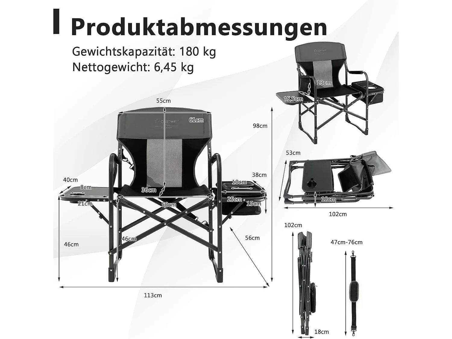 Campingstoel met zijtafel, koeltas en opbergtas, inklapbare visstoel, regisseursstoel, draagbaar, vouwstoel, klapstoel voor camping, vissen, picknick (zwart)ZB32088