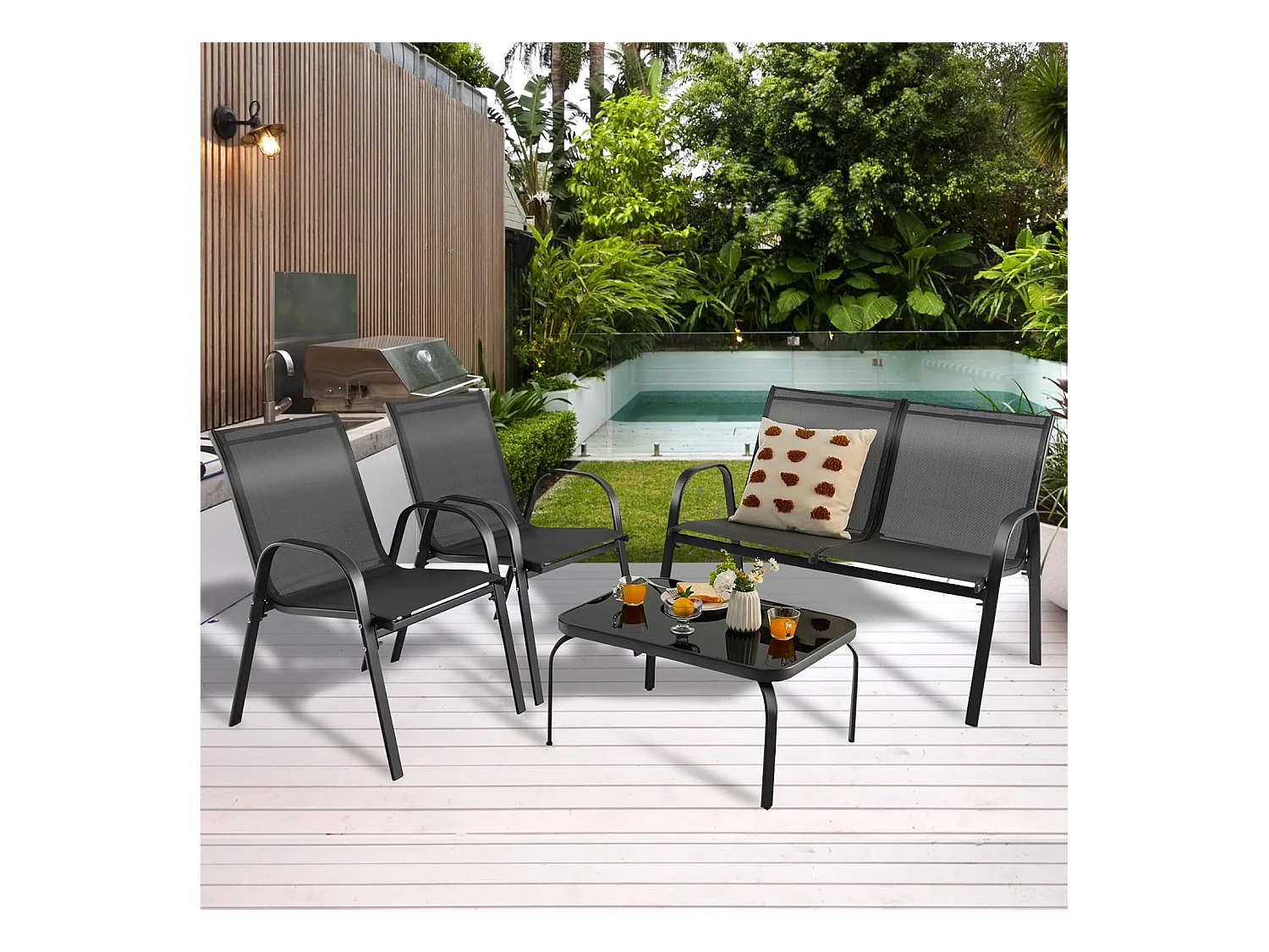 4-delige tuinmeubelset, balkonmeubels, terrasmeubels, zitgroep voor 4 personen, tuingarnituur incl. 2 stoelen, bank en tafel, voor tuin, balkon, terras ZB33834