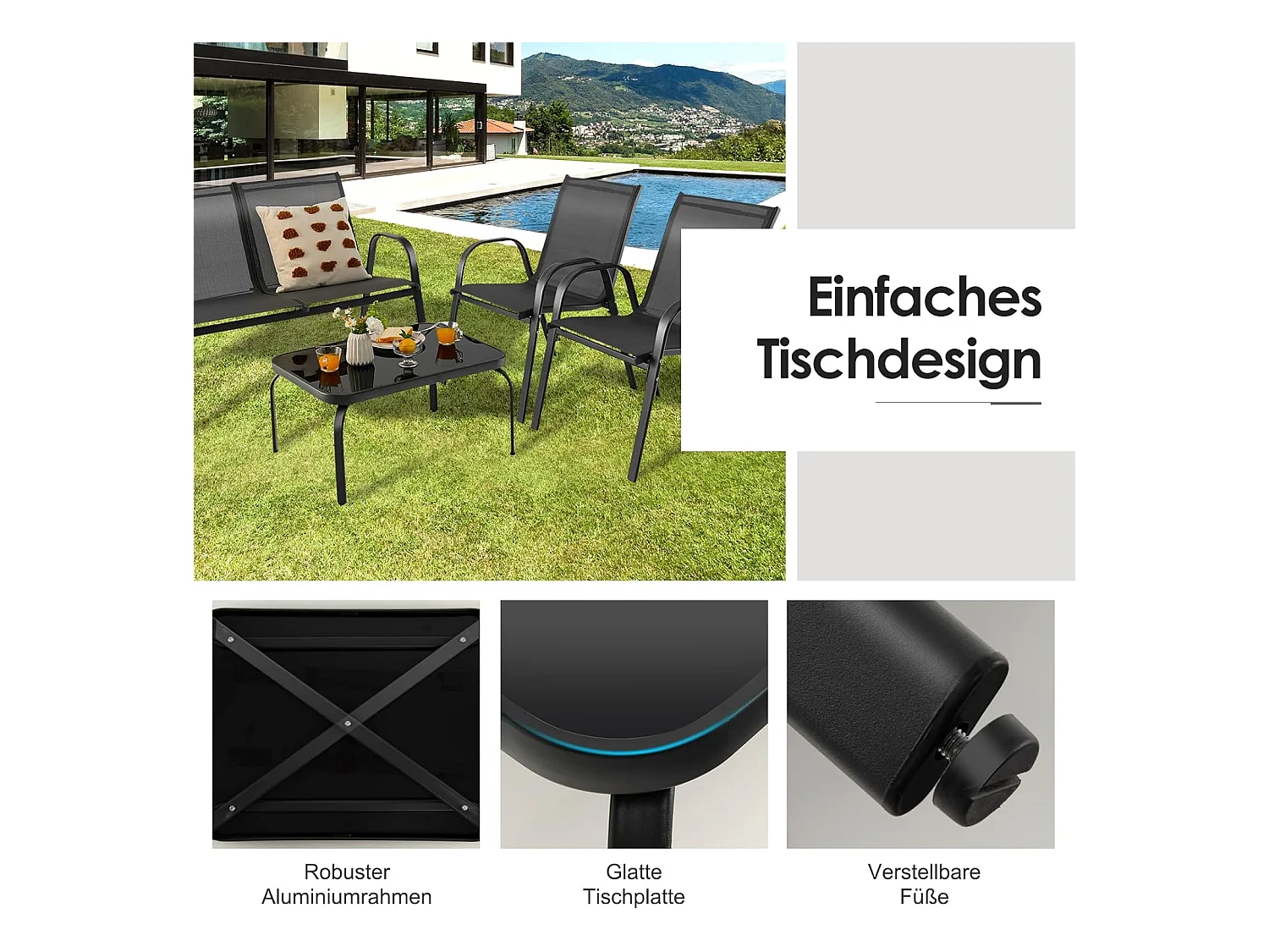 4-delige tuinmeubelset, balkonmeubels, terrasmeubels, zitgroep voor 4 personen, tuingarnituur incl. 2 stoelen, bank en tafel, voor tuin, balkon, terras ZB33834