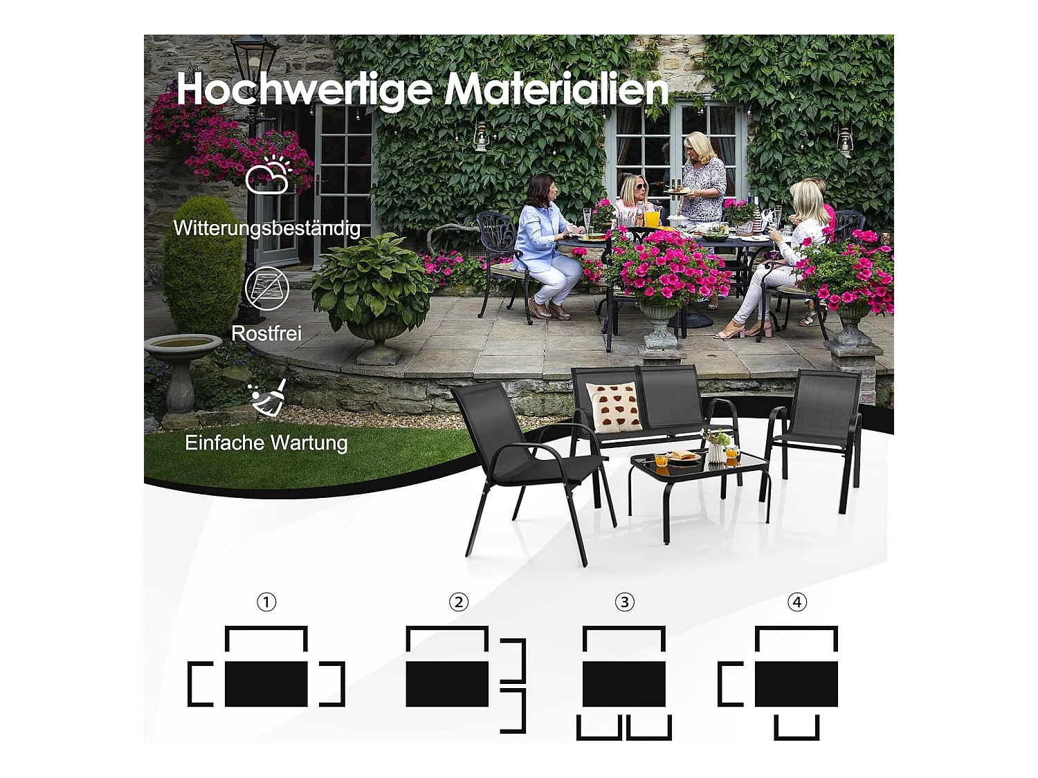 4-delige tuinmeubelset, balkonmeubels, terrasmeubels, zitgroep voor 4 personen, tuingarnituur incl. 2 stoelen, bank en tafel, voor tuin, balkon, terras ZB33834