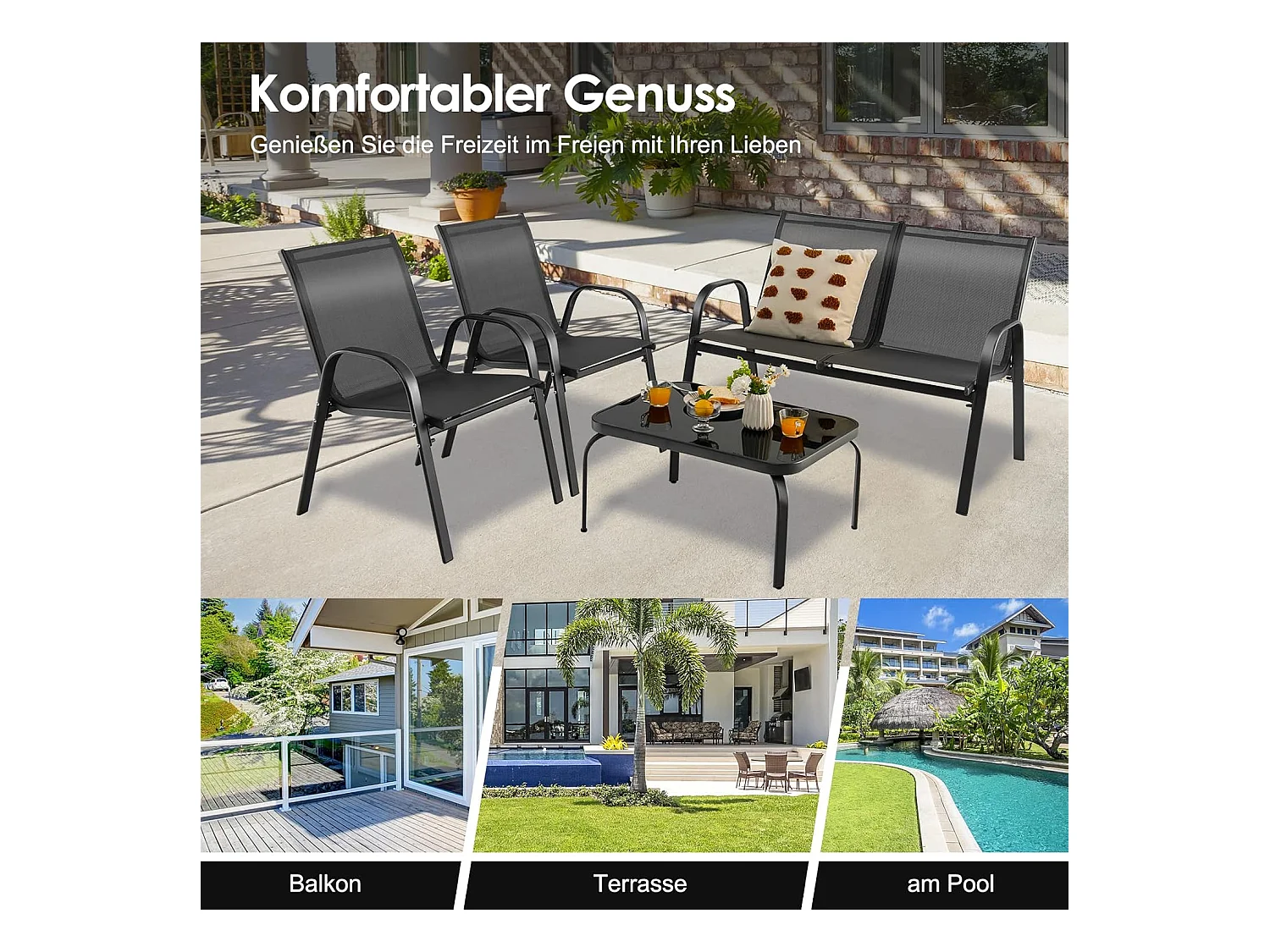4-delige tuinmeubelset, balkonmeubels, terrasmeubels, zitgroep voor 4 personen, tuingarnituur incl. 2 stoelen, bank en tafel, voor tuin, balkon, terras ZB33834