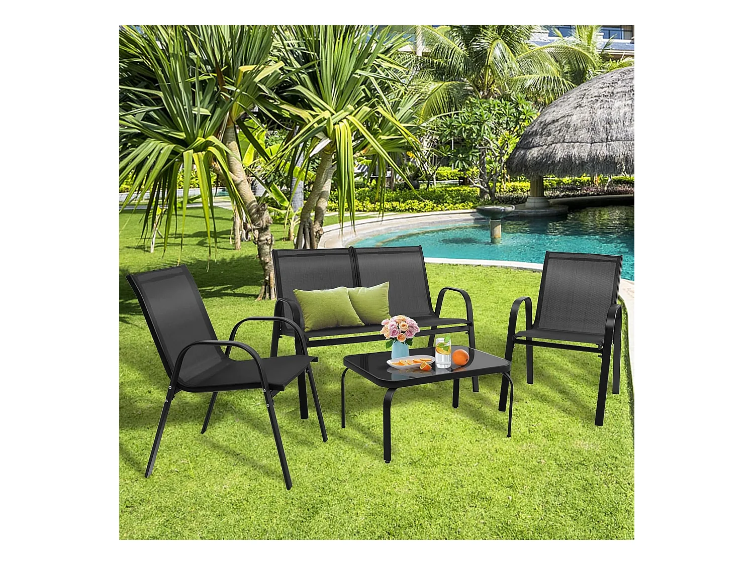 4-delige tuinmeubelset, balkonmeubels, terrasmeubels, zitgroep voor 4 personen, tuingarnituur incl. 2 stoelen, bank en tafel, voor tuin, balkon, terras ZB33834