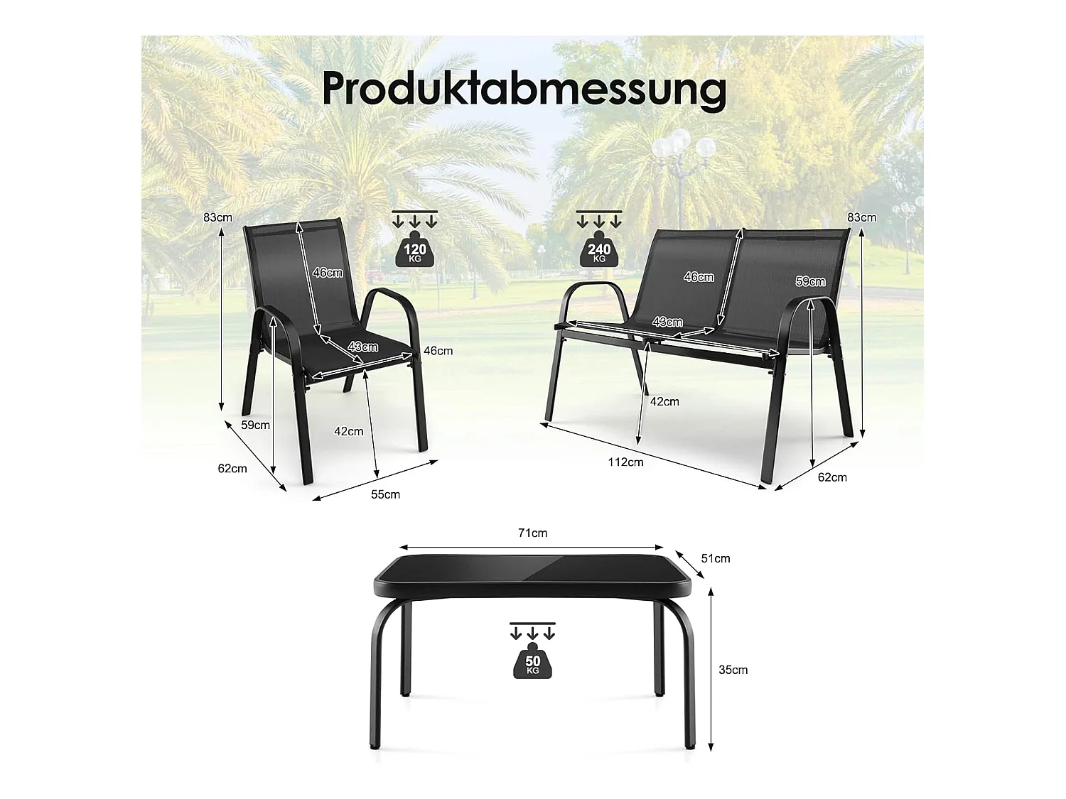4-delige tuinmeubelset, balkonmeubels, terrasmeubels, zitgroep voor 4 personen, tuingarnituur incl. 2 stoelen, bank en tafel, voor tuin, balkon, terras ZB33834