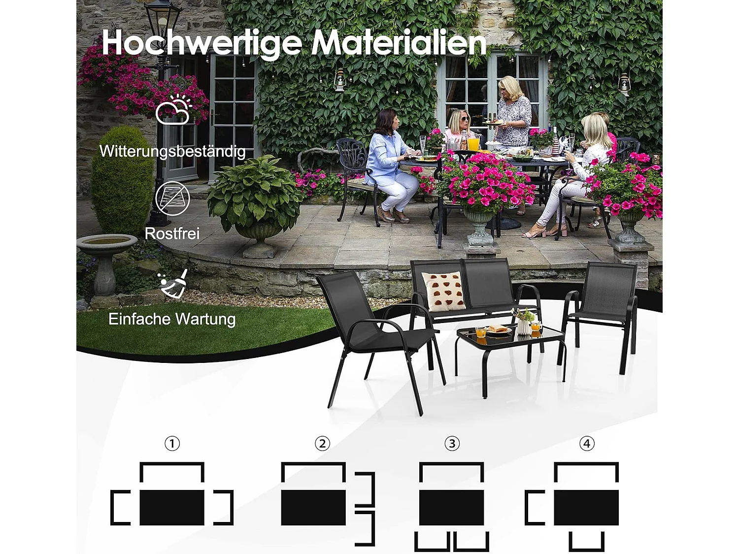 4-delige tuinmeubelset, balkonmeubels, terrasmeubels, zitgroep voor 4 personen, tuingarnituur incl. 2 stoelen, bank en tafel, voor tuin, balkon, terras ZB33834