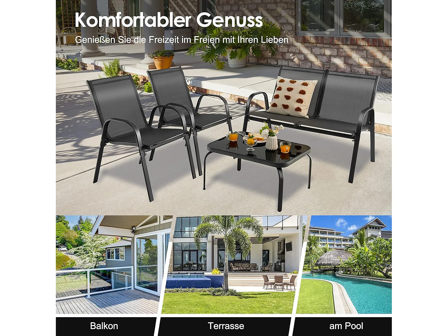 4-delige tuinmeubelset, balkonmeubels, terrasmeubels, zitgroep voor 4 personen, tuingarnituur incl. 2 stoelen, bank en tafel, voor tuin, balkon, terras ZB33834