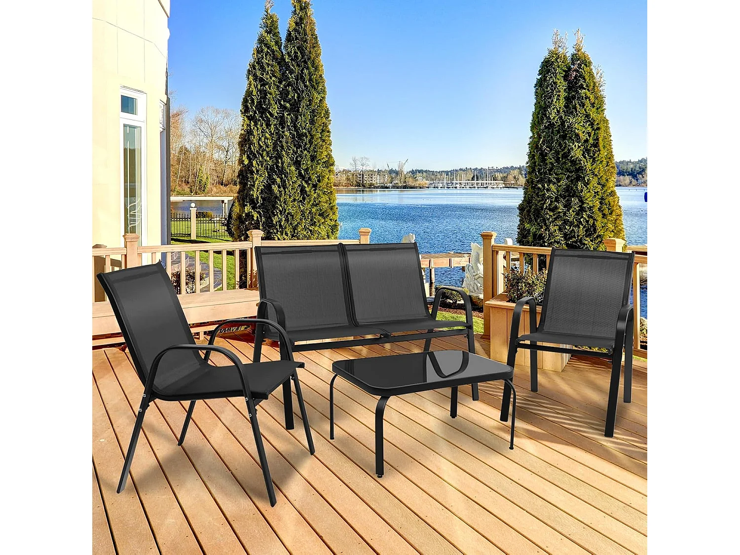 4-delige tuinmeubelset, balkonmeubels, terrasmeubels, zitgroep voor 4 personen, tuingarnituur incl. 2 stoelen, bank en tafel, voor tuin, balkon, terras ZB33834