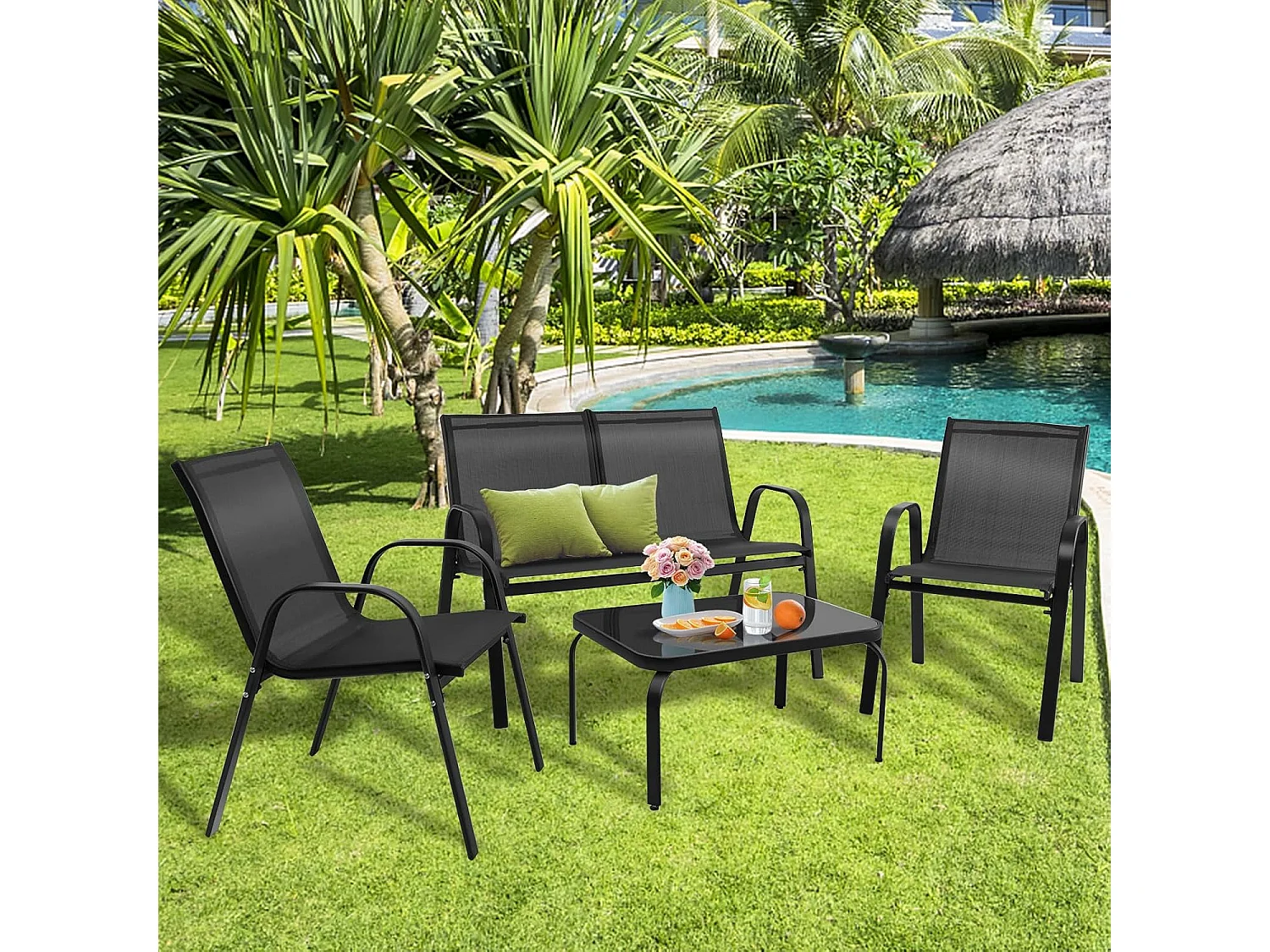 4-delige tuinmeubelset, balkonmeubels, terrasmeubels, zitgroep voor 4 personen, tuingarnituur incl. 2 stoelen, bank en tafel, voor tuin, balkon, terras ZB33834