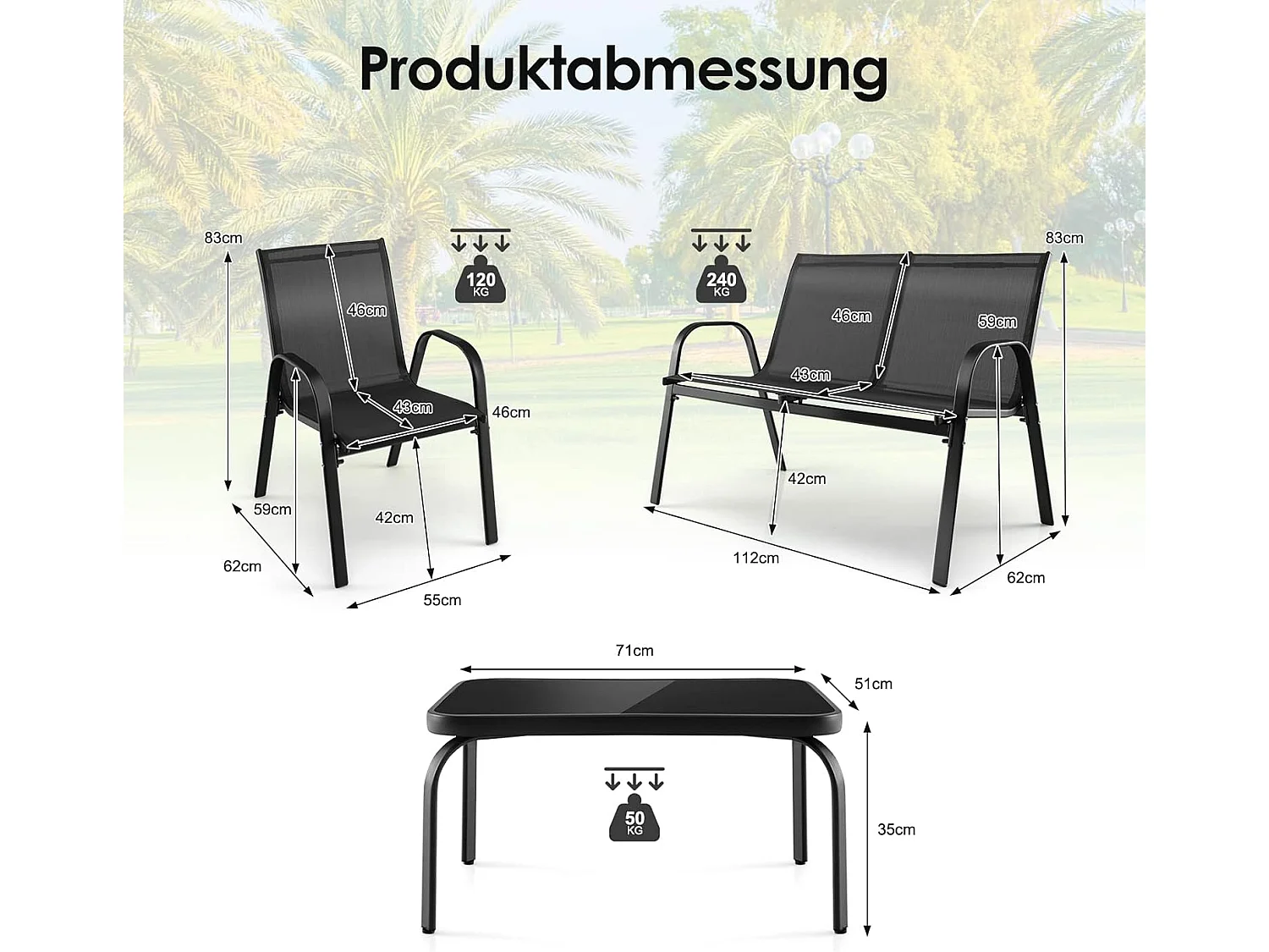 4-delige tuinmeubelset, balkonmeubels, terrasmeubels, zitgroep voor 4 personen, tuingarnituur incl. 2 stoelen, bank en tafel, voor tuin, balkon, terras ZB33834