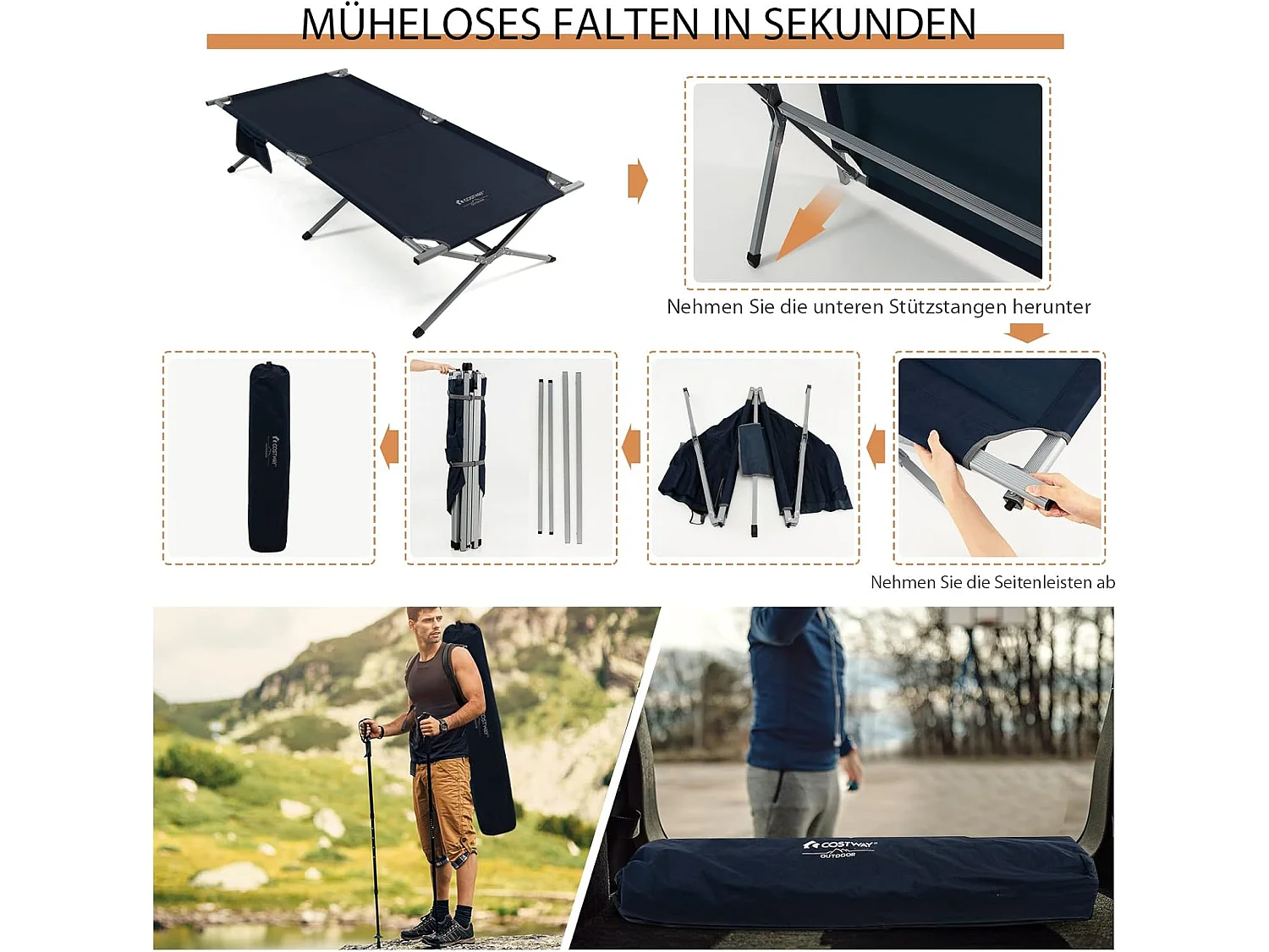 Veldbed, inklapbaar, XXL, 214,5 x 106 cm, campingbed met zijzak, draagbare campingligstoel, belastbaar tot 150 kg, klapbed voor camping, strand ZB33141