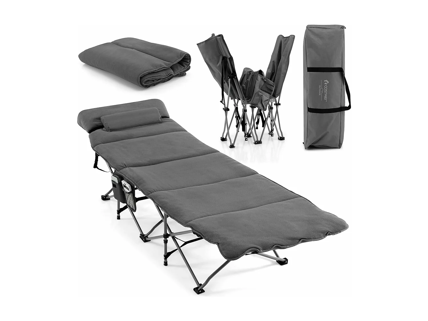 Veldbed, inklapbaar, campingbed met matras, draagbare campingstoel, belastbaar tot 200 kg, incl. draagtas, klapbed voor camping, strand, grijs ZB32675