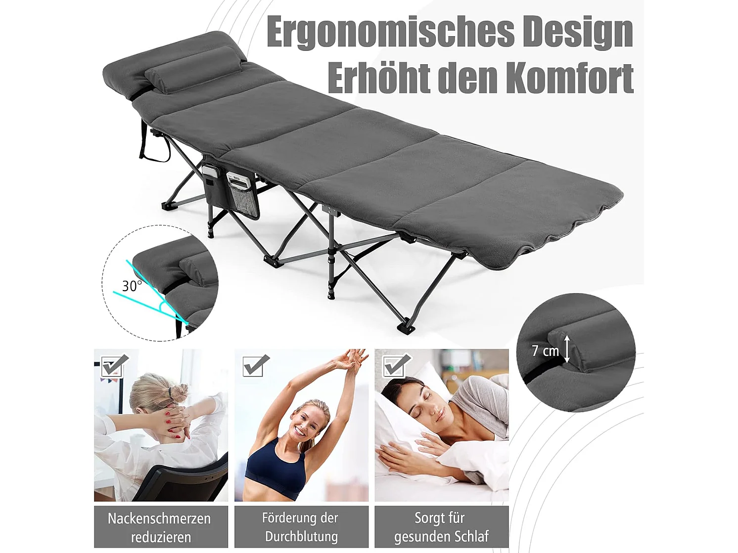 Veldbed, inklapbaar, campingbed met matras, draagbare campingstoel, belastbaar tot 200 kg, incl. draagtas, klapbed voor camping, strand, grijs ZB32675