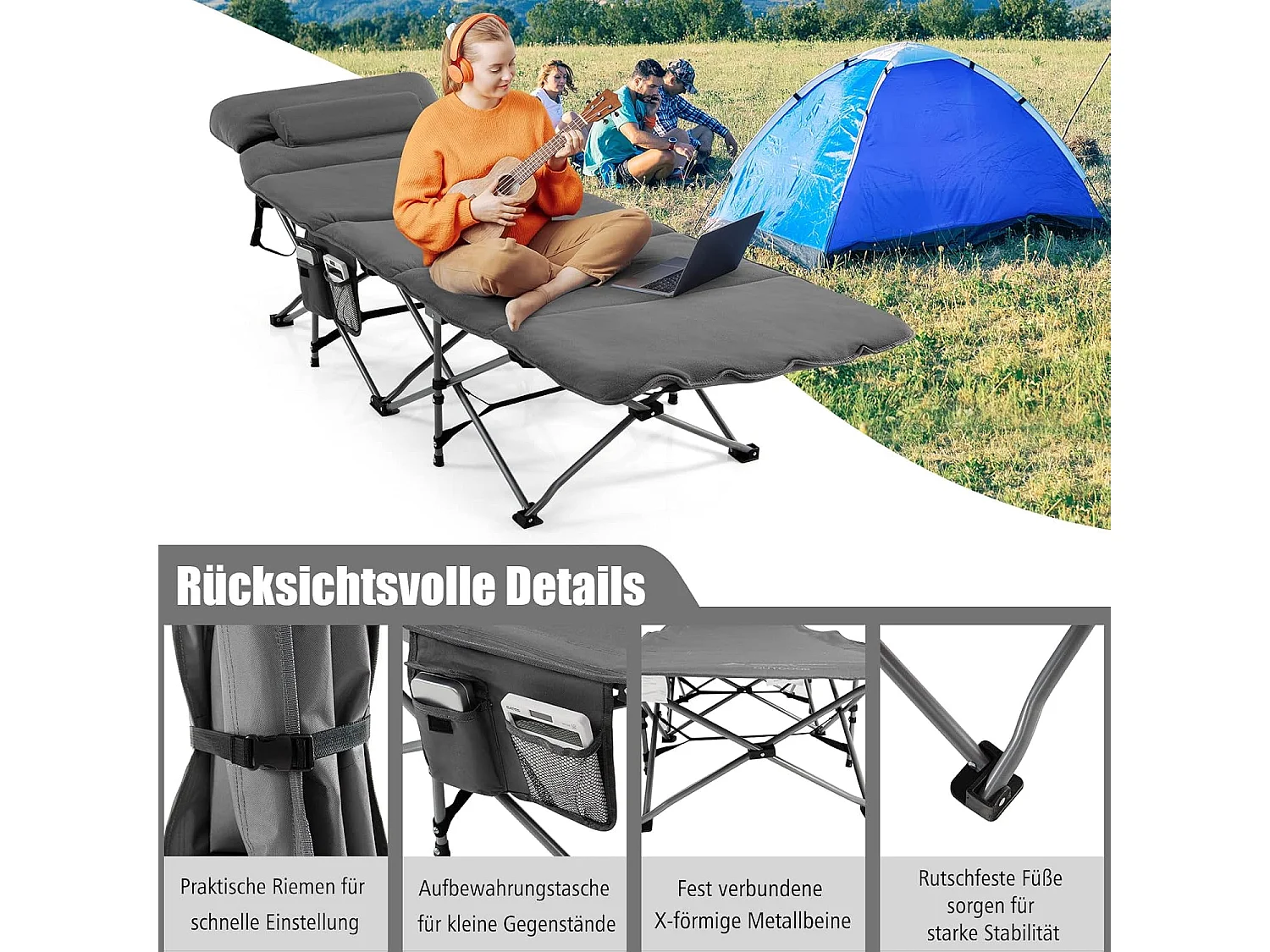 Veldbed, inklapbaar, campingbed met matras, draagbare campingstoel, belastbaar tot 200 kg, incl. draagtas, klapbed voor camping, strand, grijs ZB32675