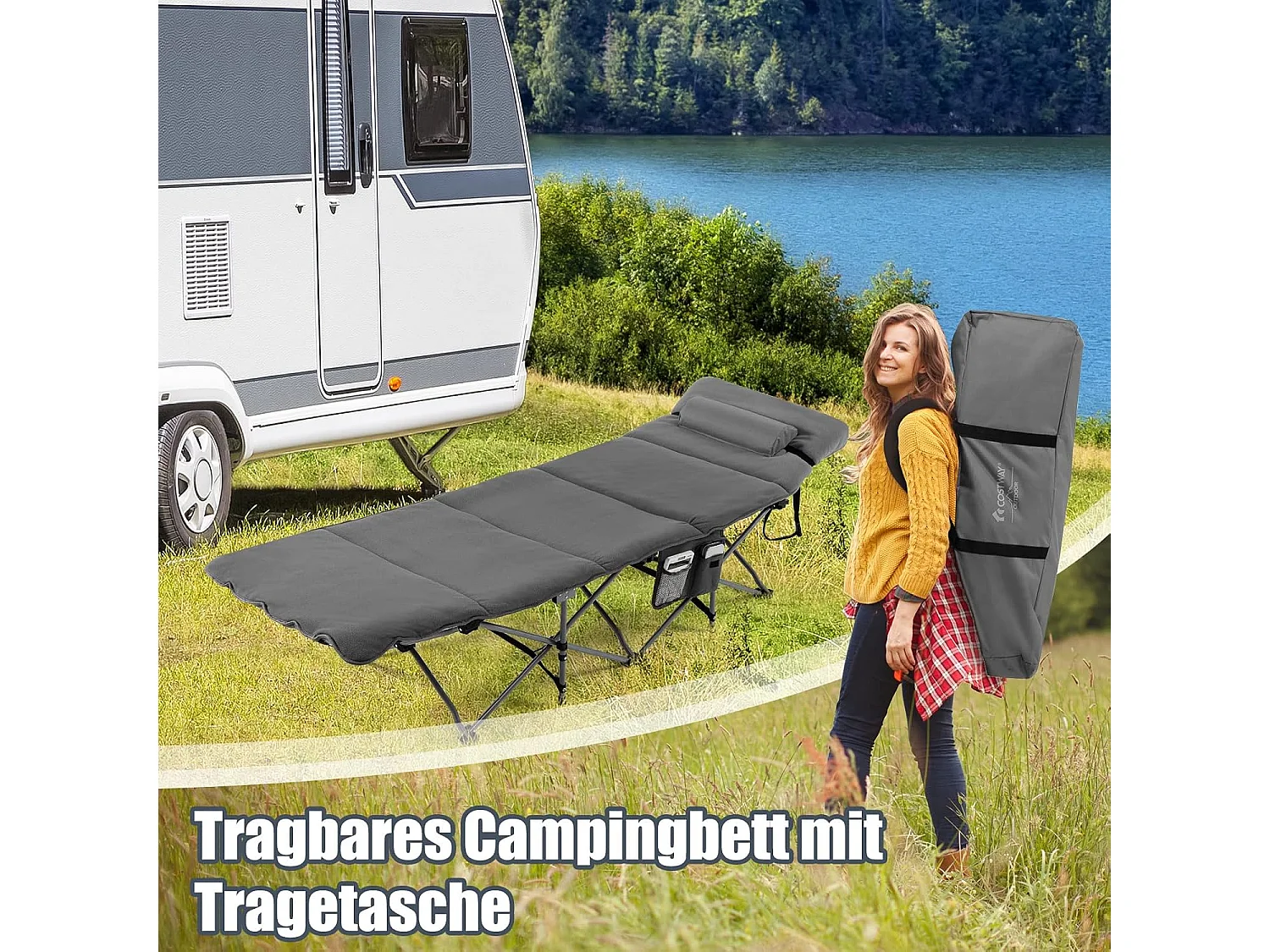 Veldbed, inklapbaar, campingbed met matras, draagbare campingstoel, belastbaar tot 200 kg, incl. draagtas, klapbed voor camping, strand, grijs ZB32675
