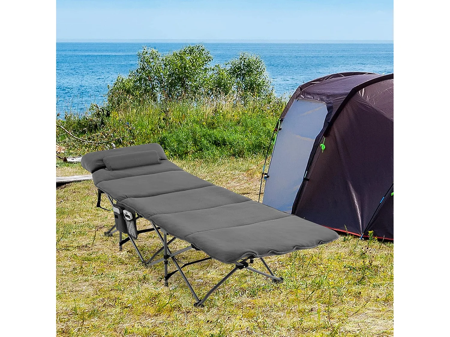 Veldbed, inklapbaar, campingbed met matras, draagbare campingstoel, belastbaar tot 200 kg, incl. draagtas, klapbed voor camping, strand, grijs ZB32675